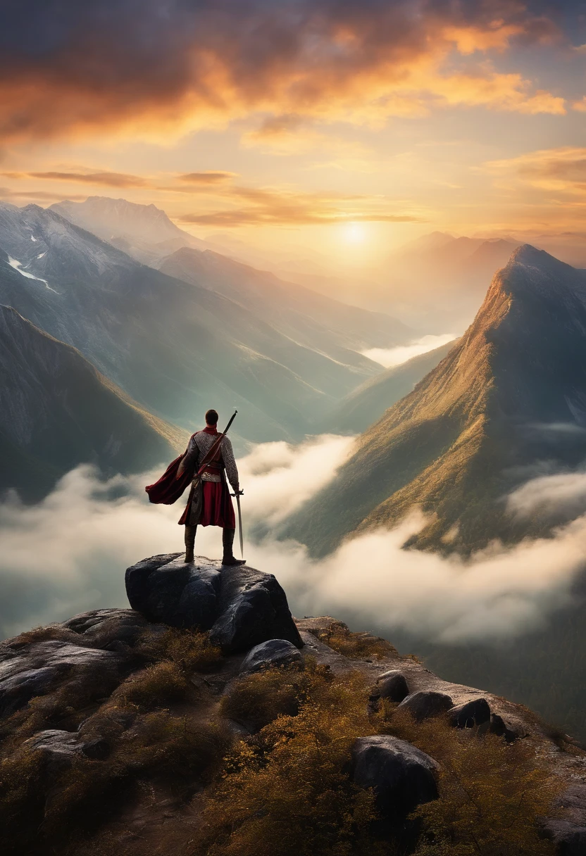 man with sword in hand, looking up long path a to a mountain, there is on top of the montain, --ar 16:9