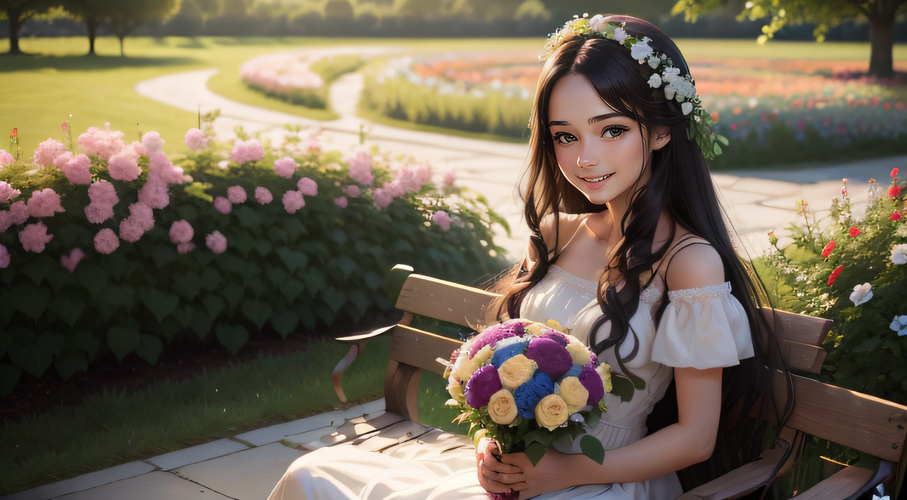 20 year old smiling girl in a dress and long dark hair, holding a bouquet of flowers and sitting in a garden full of flowers and plants, ultra realistic