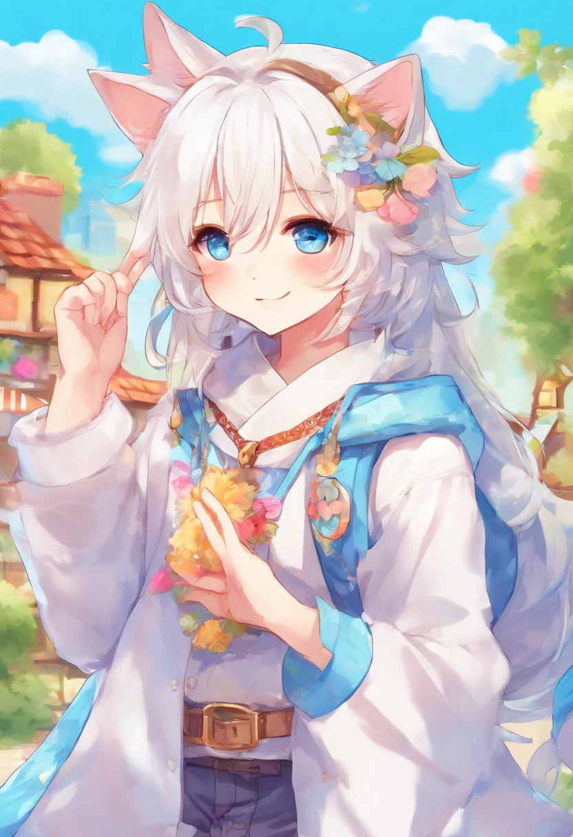 Male neko wearing a soft cute outfit, has bright blue eyes and long white hair