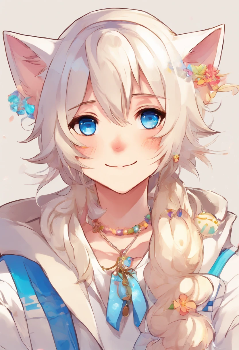 Male neko wearing a soft cute outfit, has bright blue eyes and long white hair