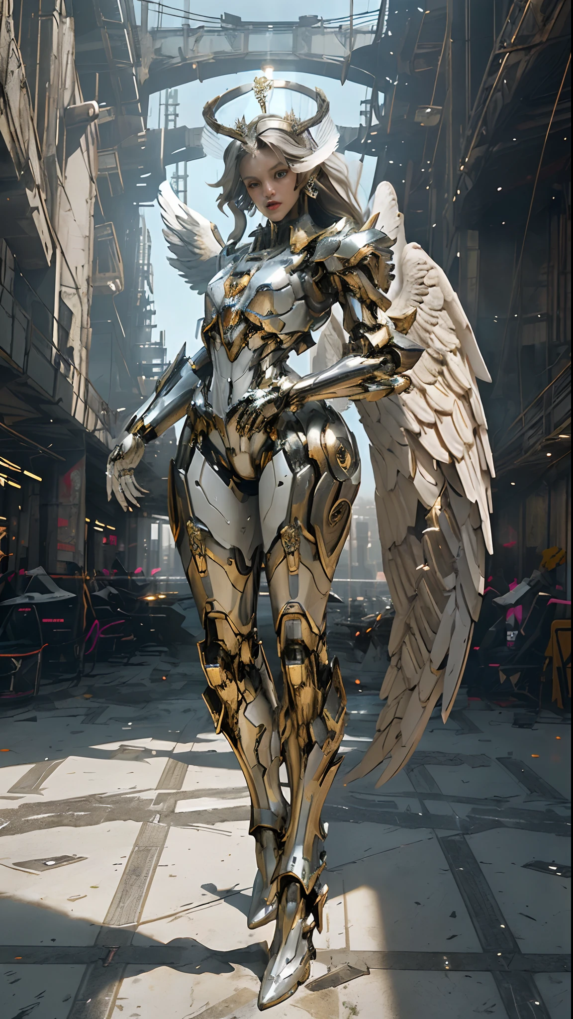 best quality, masterpiece, (full body), dynamic pose, mechangel, (mecha wings), halo, crown, divine glow, shiny white mecha armor, angelic aesthetic, dystopian cyberpunk city, volumetric lighting, volumetric fog, beautiful face, intense gaze, hyperrealistic, highly detailed, beautiful eyes, glowing wings, flowing long hair,