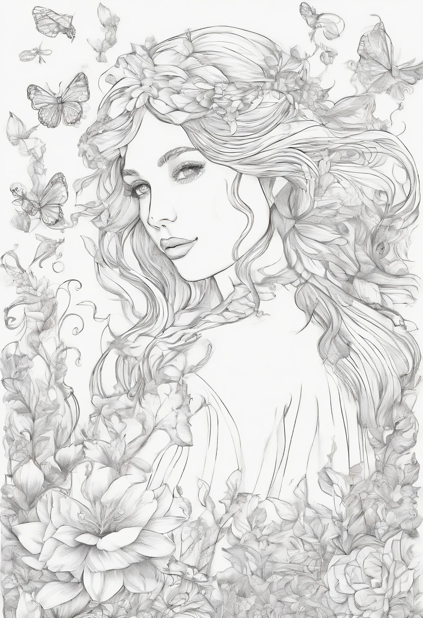 obra maestra, mejor calidad, defined black lines, dibujo para colorear, 1girl, solo, agua, chica abrazando tulipanes, fondo simple, fondo blanco, monocromo, lineart, ((sketch))