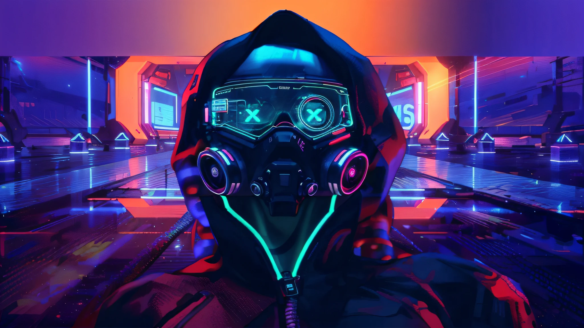 a woman with a gas mask and hoodie with neon lights, cyberpunk vibes, brilho cyberpunk brilhante, vibe cyberpunk, neon operator, neon futurista cyberpunk, neon cyberpunk, estilo de arte cyberpunk, estilo cyberpunk silenciado, style hybrid mix of beeple, aesthetic cyberpunk, tem estilo cyberpunk, cyberpunk cores vibrantes, neon cyberpunk, estilo de arte cyberpunk, estilo neon cyberpunk, aesthetic cyberpunk