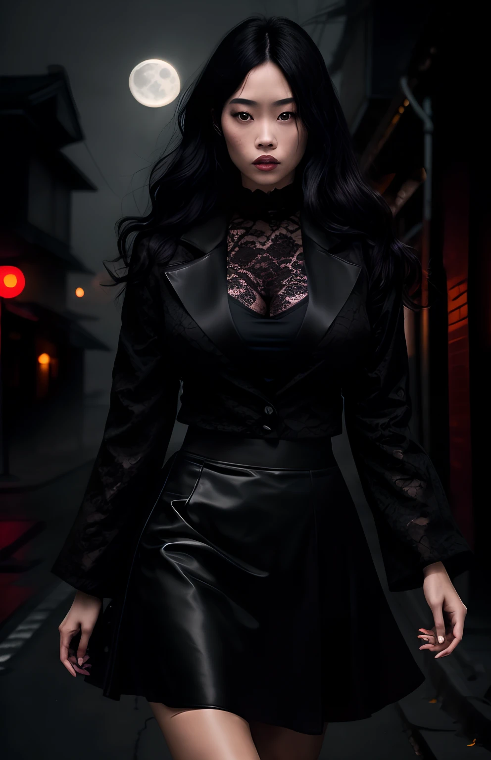 Horror theme element, realistic high quality masterpiece, (beautiful) Japanese female, age 27,wavy long black hair, walking down dark moonlit alley,moon in sky in background, moonlit,with fog and shadows, spooky,nightime,cinematic lighting,dressed conservatively, wearing a deep purple lace top & double breasted coat black (buttoned up) closed coat black, medium length black skirt black.