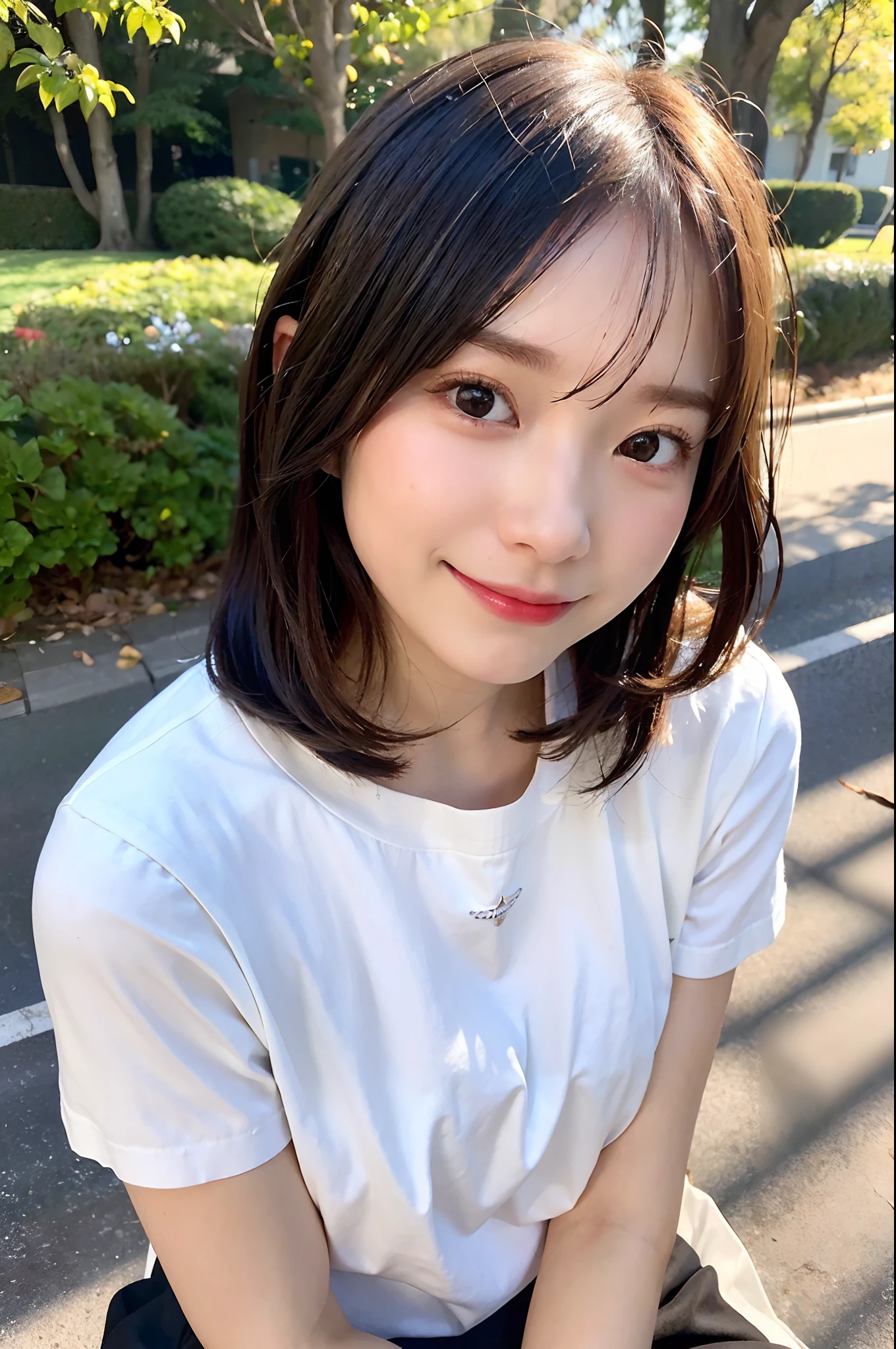 (top-quality、8K、32K、masuter piece、nffsw:1.2)、Cute Japan Girl、1人、bobhair、profile、(slim figure:1.2)、(s lips) 、(Black hair)、二重まぶた、shinny skin、Realistic rays、mare、beauitful face、(A smile:1.3)、crouching down、(From above:1.2)、(a closeup:1.4)、white t-shirts、Forest with autumn leaves、blurry backround、(Front Focus)、(Dark: 1.6)、Fantasy Art、photoRealstic、Professional Lighting、extra detailed face、Award-winning、deep-shadows、
