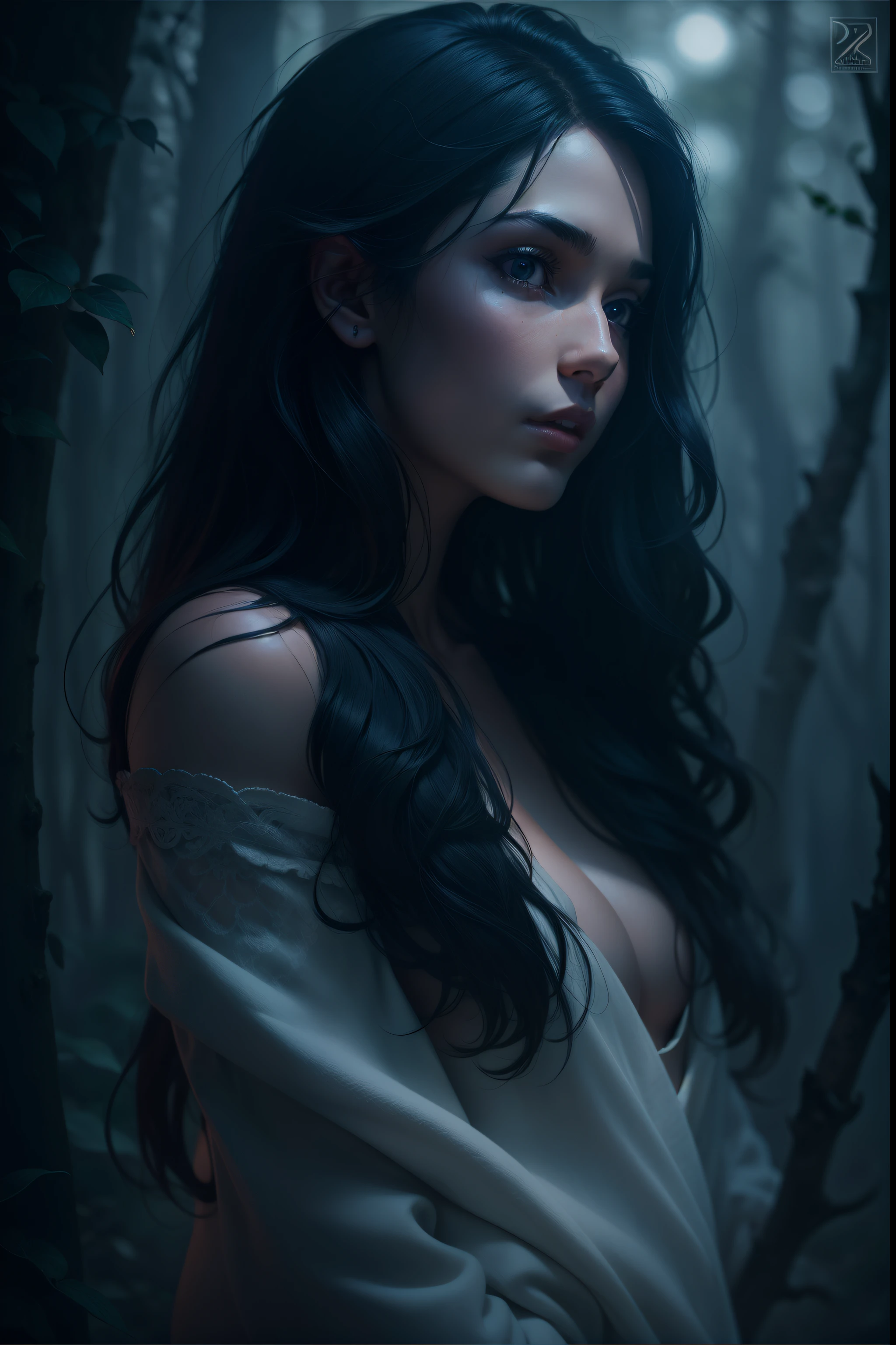 beautiful sexy naked woman with long black hair, in a dark foggy forest lit by the moonlight, award winning studio photography, professional color grading, clean sharp focus, hyperrealistic