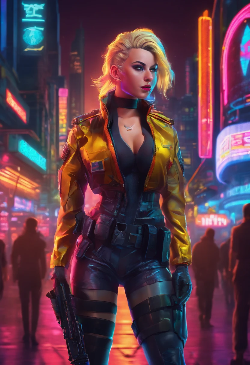 Blond woman in a military uniform with a pencil skirt and high heels, saluting with a smirk