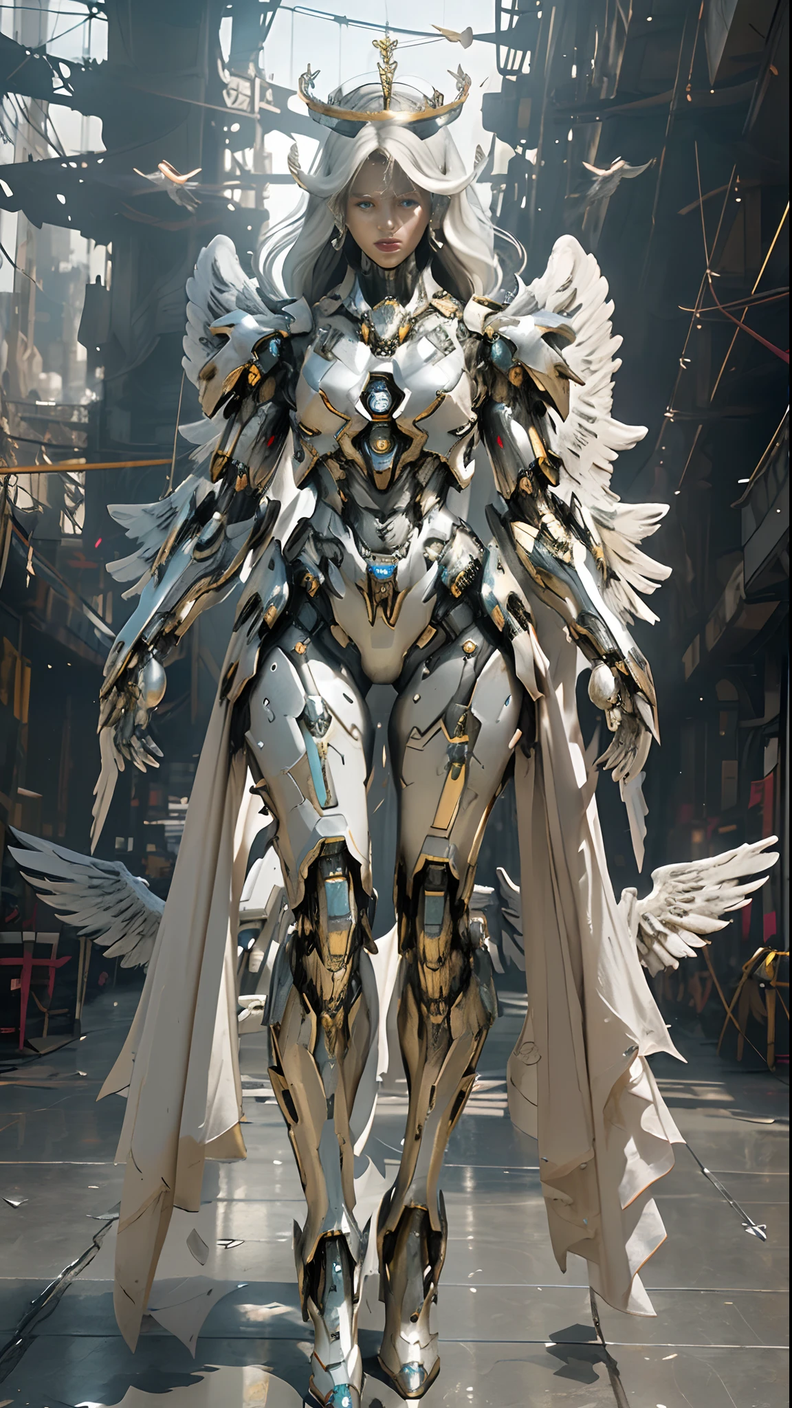 best quality, masterpiece, (full body), dynamic pose, mechangel, (mecha wings), halo, crown, divine glow, shiny white mecha armor, angelic aesthetic, dystopian cyberpunk city, volumetric lighting, volumetric fog, beautiful face, intense gaze, hyperrealistic, highly detailed, beautiful eyes, glowing wings, flowing long hair,