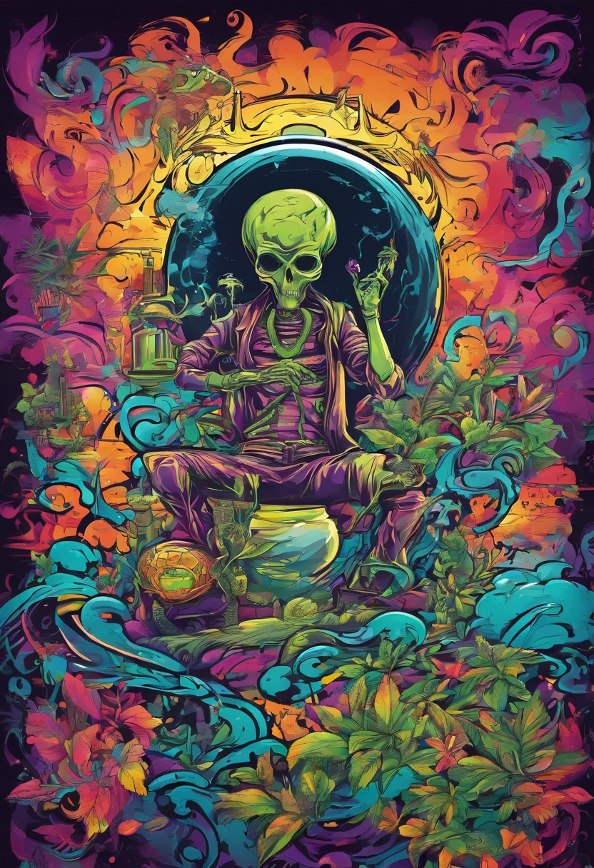 grafity, Alien smoking marijuana, imagem completa, High resolution high contrast