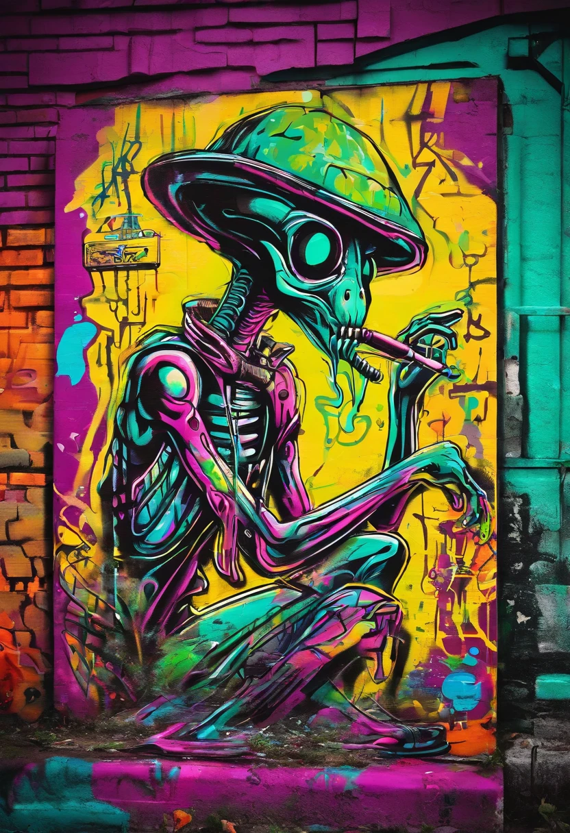 grafity, Alien smoking marijuana, imagem completa, High resolution high contrast