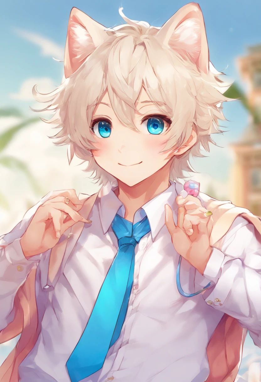 Male neko wearing a soft cute outfit, has bright blue eyes and long white hair