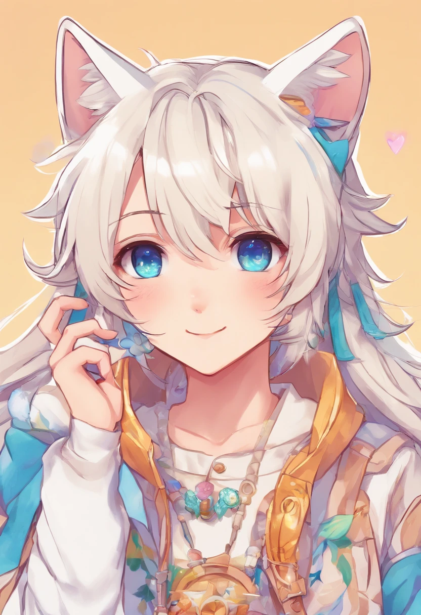 Male neko wearing a soft cute outfit, has bright blue eyes and long white hair