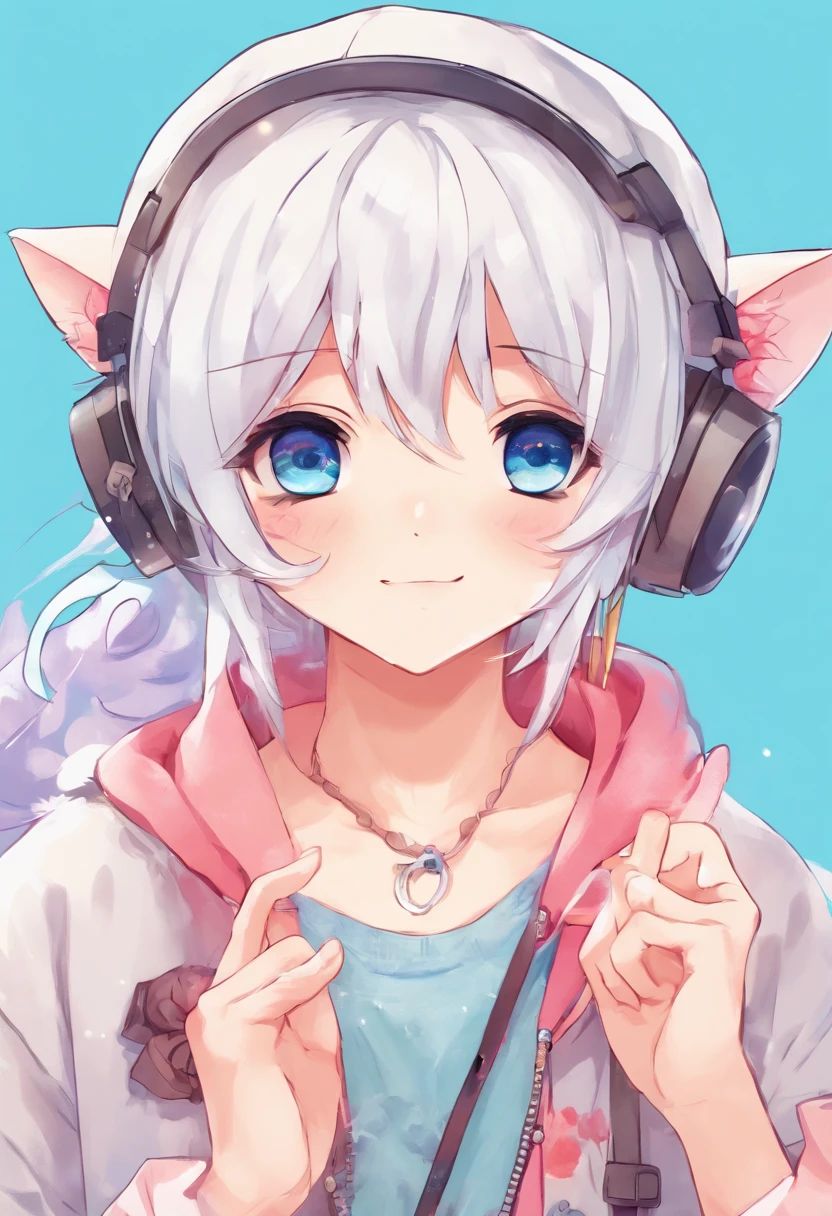 Male neko wearing a soft cute outfit, has bright blue eyes and long white hair