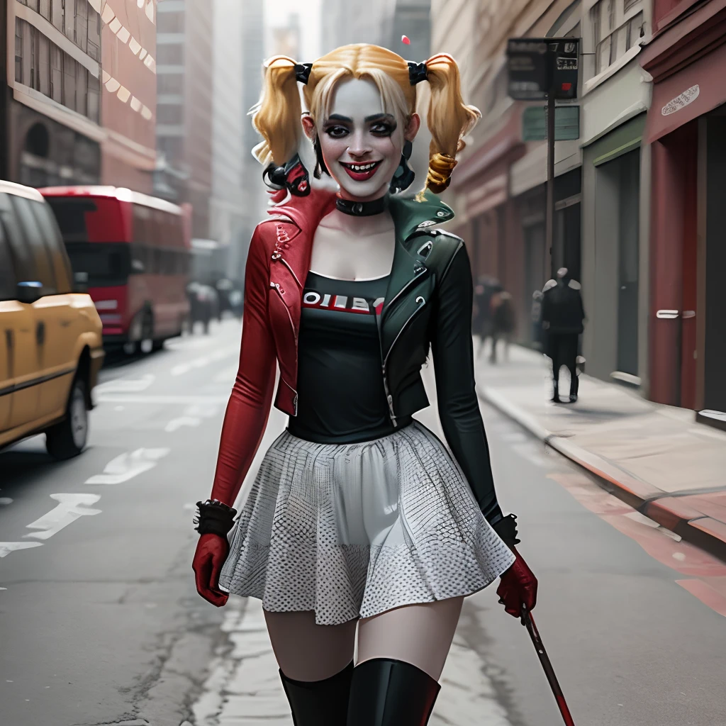 an image of a dynamic and intense comic book character, resembling Harley Quinn, in a vivid and chaotic urban battlefield. The character has a pale face with exaggerated makeup: blue eyeshadow on one eye and red on the other, with matching blue and pink pigtails. She is dressed in a tight, shiny, red and blue jester costume with a white ruffled collar and pom-poms. She is wielding a giant candy cane like a weapon, holding it across her shoulders with a mischievous, wide-open grin. The background features a cityscape in disarray, with exploding cars, flying playing cards, and debris creating a sense of action and chaos. The image should be vibrant, with sharp contrasts and a surreal, high-energy feel. Hyper realistic photo, 16k, vibrant colors