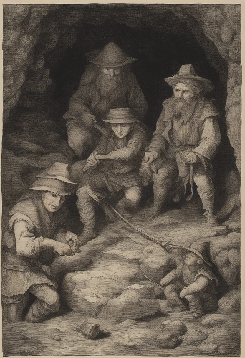 Goblin miner, dark underground cave, flickering torchlight, rocky terrain, digging tools, precious gemstones, dusty air, grubby hands, coal piles, ancient mining equipment, dimly lit tunnels, damp walls, worn-out pickaxes, lanterns hanging from the ceiling, eerie shadows, rough-hewn mine shafts, secret underground network, glow of molten lava, treasure-filled chests, hidden entrance, mysterious atmosphere, intense focus, determined expressions, rough attire, goblin hierarchy, teamwork, persistence, perilous job, valuable discoveries, hidden dangers, lurking creatures, adrenaline rush, ancient mining traditions, mining folklore, centuries-old mines, underground civilization, Goblin King's watchful eye, hidden mining gems, deep caverns, secrets of the earth, mineral-rich deposits. (best quality,highres,ultra-detailed,realistic:1.37),oil painting,moody lighting,rich color palette,aesthetic,gritty textures.