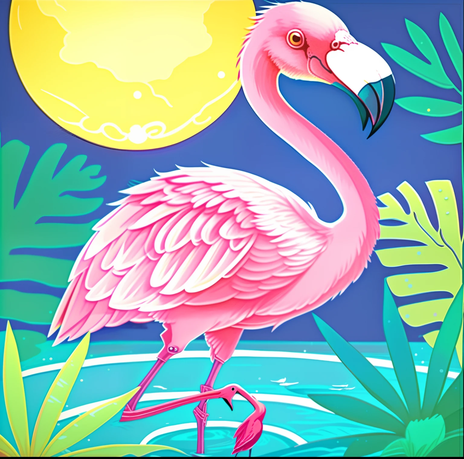 A pink flamingo is standing in the water，Full moon in the background。, flamingo, Flamingo Cafe, flamingo, flamingo, during night!, Tropical, laurent durieux, showy, Tropical Mood, Illustration!, Tropical birds, in a sunny day, tropical paradise, during night, 2 D, 2D, Authors：William Sassnar, Authors：by Bob Singer, On a summer evening