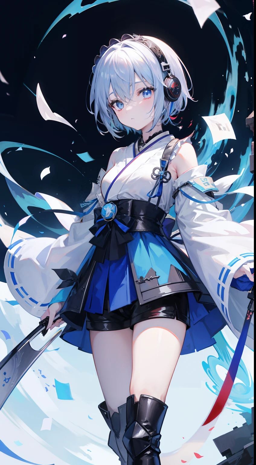 short-hair、gotik、Japanese Lolita、Hold the sword、Confetti、head phone、hotpants、Blue Flame、A picture that can be seen in its entirety Black boots Front-facing composition
