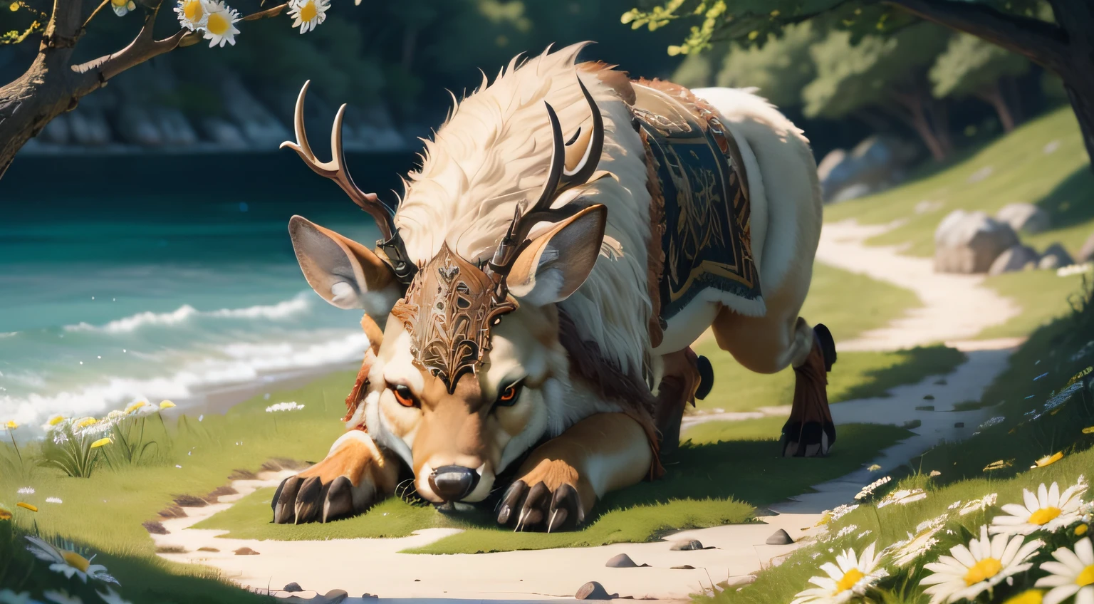 a hyper realistic painting of a ferocious snarling deer (animal) (druid mount) (ornate leather saddle) with huge antlers ((animal)) (((realistic fur))) (on all fours) in full plate armor on an island covered in daisies with crystal clear water