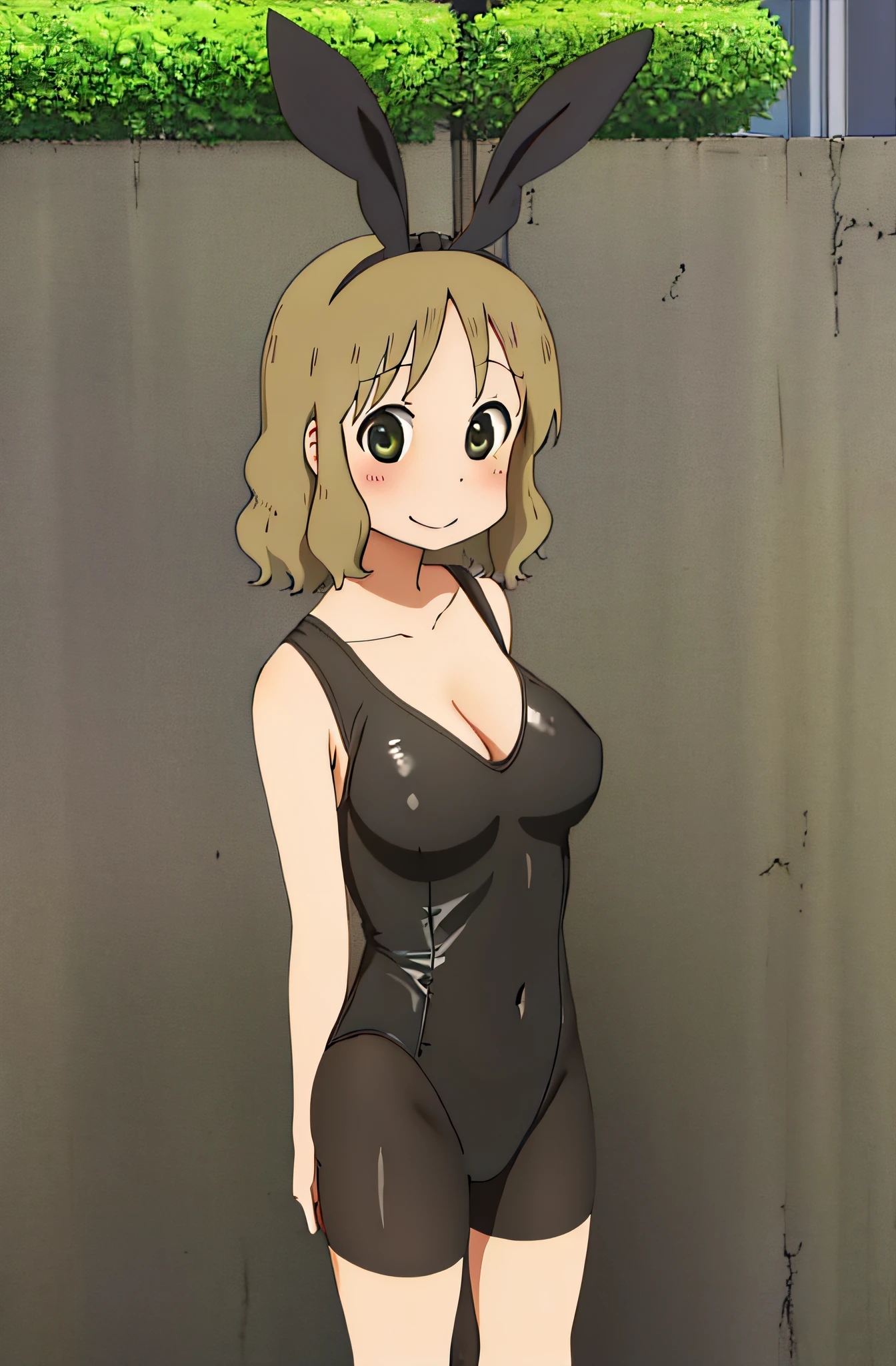 masterpiece, ncjstyle, solo, sakurai izumi, adult female, 1girl, naked, embarrased, blushing, black bunny suit, bunny hair bow, bunny hair ribbon, bunny girl, black high socks, big breasts, c cup, brown eyes, brown hair, looking at viewer,, short hair, smiling, solo,, utility poles, bushes, buildings, background, upper body, close up shot,,