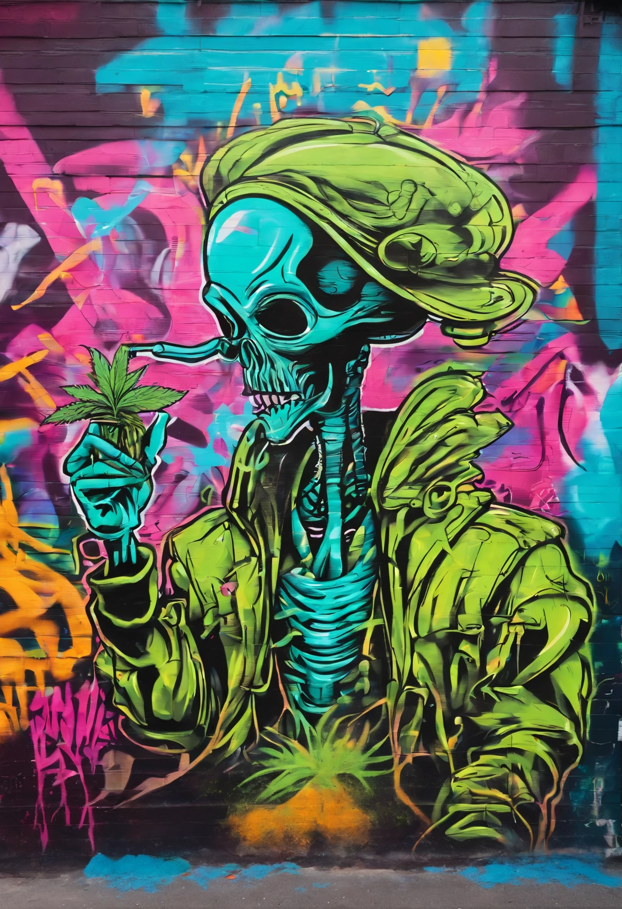 grafity, Alien smoking marijuana, imagem completa, High resolution high contrast