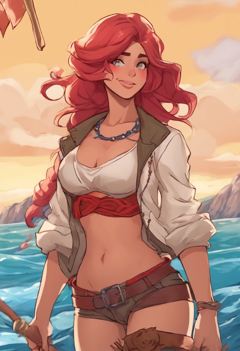 Buff woman with a jacket and a bra, tan skin, small breasts, sailor attire, beanie, red firey hair hair highlights, on the coast