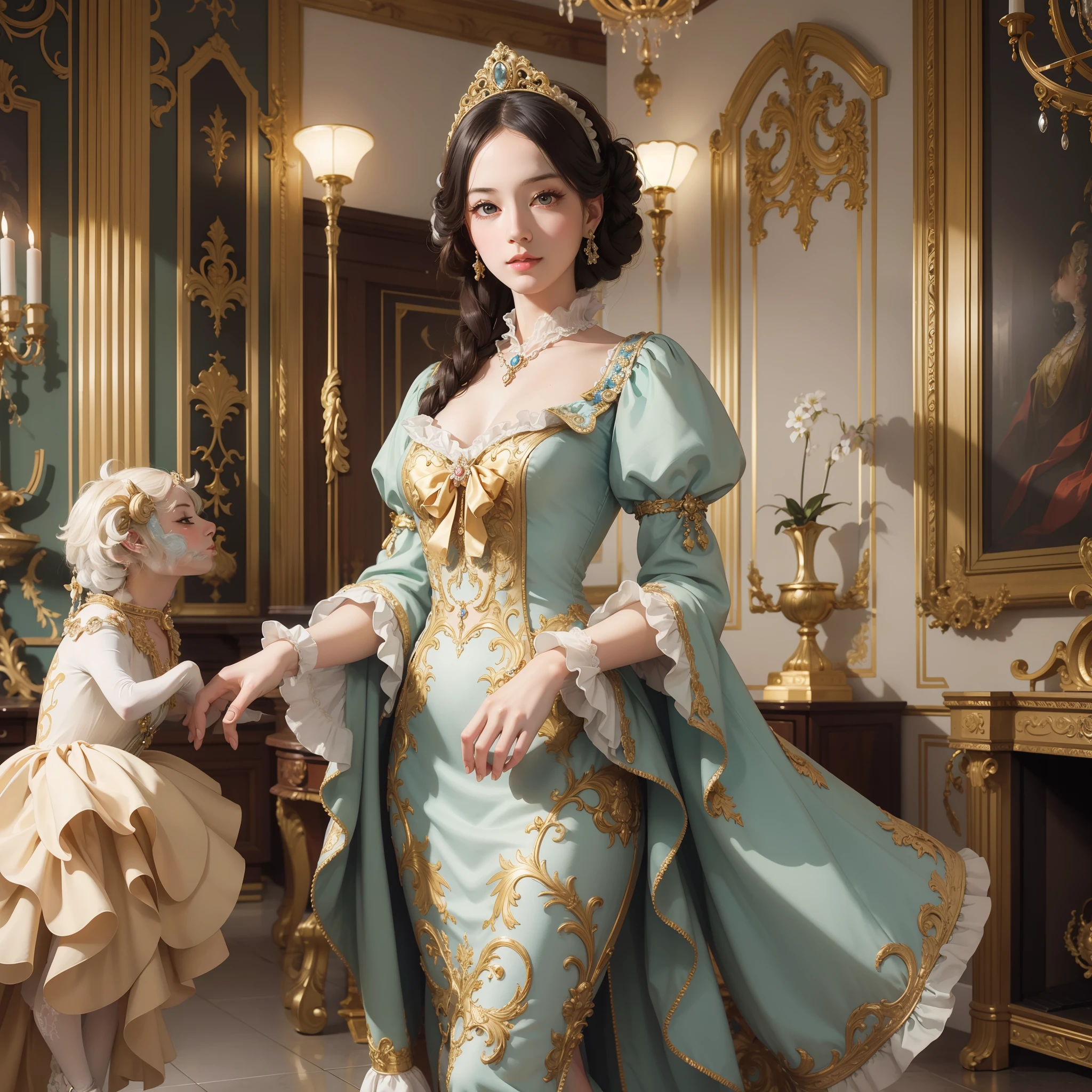(Rococo style:1.1), (Art deco:1.1), masutepiece, Super Detail, High quality, awardwinning, 8K, noble girl, Elegant dress, in the Living room, Healing, recovery