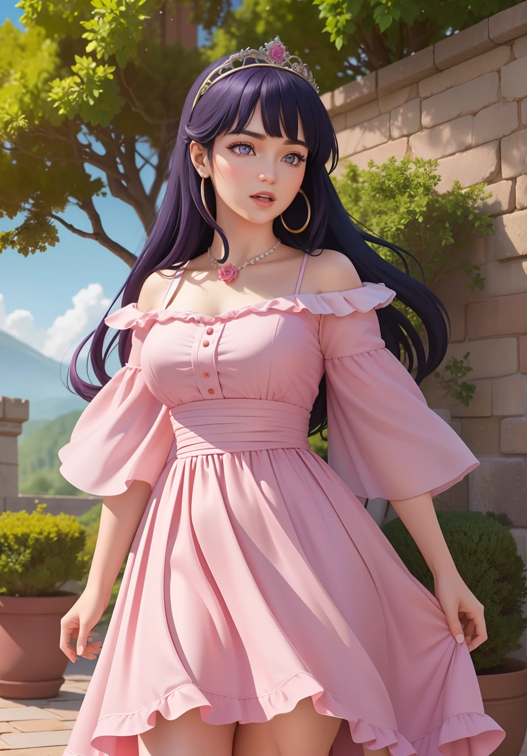 (auroraWaifu:1), surprised, beautiful pose, looking at the viewer, thick thighs, (long pink dress:1.2), (medium hair, tiara) :D, curvy, (holding a red rose:1),

(realistic: 1.2), (realism), (masterpiece: 1.2), (best quality), (ultra detailed), (8k, 4k, intricate), (full-body-shot: 1), (Cowboy-shot: 1.2), (85mm), light particles, lighting, (highly detailed: 1.2), (detailed face: 1.2), (gradients), sfw, colorful, (detailed eyes: 1.2),

(detailed landscape, garden, plants, castle: 1.2), (detailed background), detailed landscape, (dynamic angle: 1.2), (dynamic pose: 1.2), (rule of third_composition: 1.3), (line of action: 1.2), wide shot, daylight, soil, Blunt Bangs, purple eyes,dark blue hair