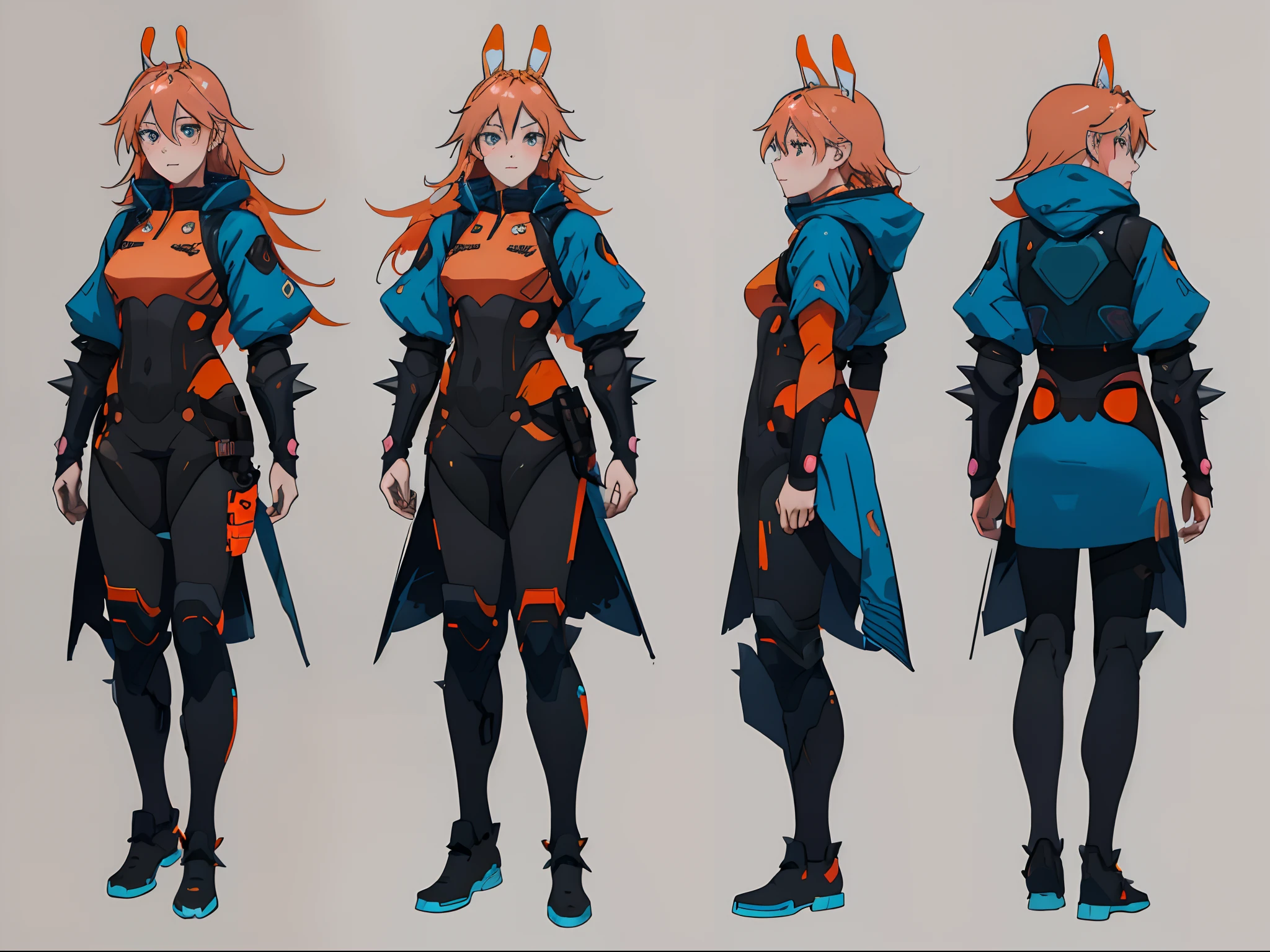 ((Best Quality)), ((Masterpiece)), ((Realistic)) tsuka kendou, 1woman, cute face, determined look, smile, long_legs, full_body, adult mature female ((spiky orange-pink hair,))((orange-pink mullet 1.1)), (long hair), bright cyan_eyes, (yellow_pupil,) hero, sleeveless blue_spandex_bodysuit, long orange-pink rabbit_ears, colored concept art, highly detailed character design, highly detailed face, Vivid and colorful colors, Delicate lines, tome + concept art, detailed full body concept art, full body character concept art, full body concept art, full character concept art, full body character concept, full body character design, 8 k character concept art, 8k character concept art, single character concept art, detailed character design