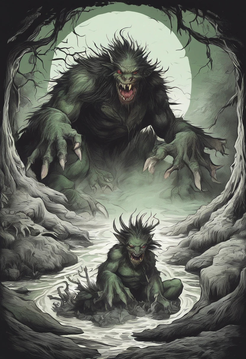 (goblin,terrifying,spiky body,huge teeth,glowing eyes,dark green skin,wrinkled,sharp claws,goblin lair,creepy atmosphere,dripping cave,Mordor-like setting,nighttime,mystical,evil presence,shadows lurking,bloodmoon sky,moonlight casting eerie shadows,ominous sounds,ancient magic,Tolkien-esque,horror,nightmare,dark fantasy)
