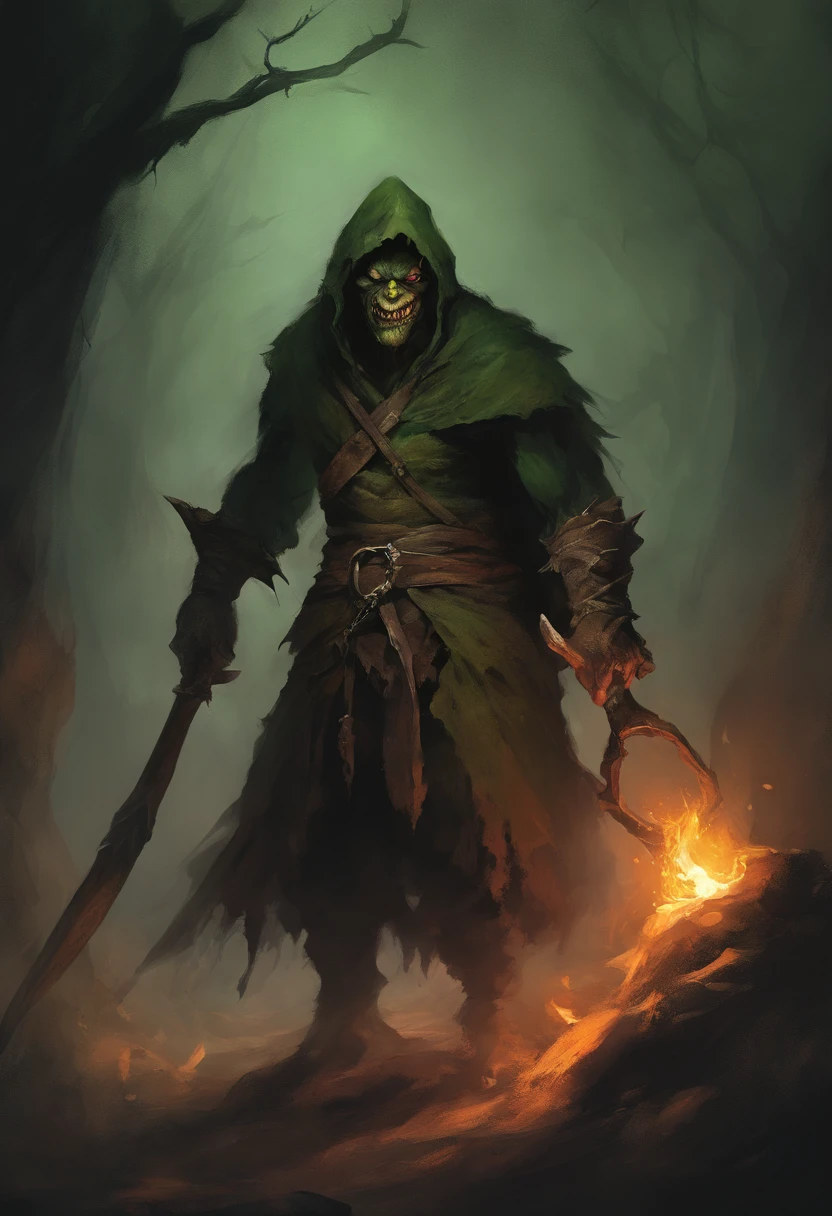 (goblin,terrifying,spiky body,huge teeth,glowing eyes,dark green skin,wrinkled,sharp claws,goblin lair,creepy atmosphere,dripping cave,Mordor-like setting,nighttime,mystical,evil presence,shadows lurking,bloodmoon sky,moonlight casting eerie shadows,ominous sounds,ancient magic,Tolkien-esque,horror,nightmare,dark fantasy)
