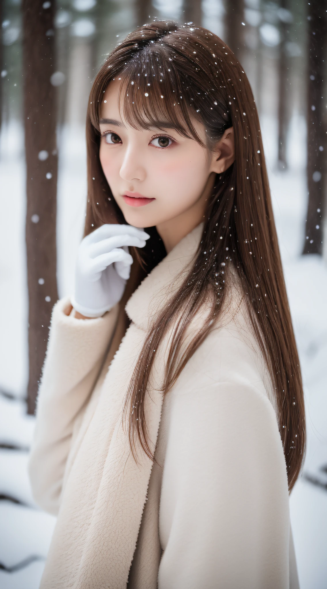 1womanl, up of face, light brown hair, Blunt bangs, hair behind ear, hair over shoulder, Long hair, slender body shape, Ultra Fine Face, Thin face, Delicate lips, Beautiful eyes, thin blush, eyes are light brown,View here, Ultra-thin hands, Ultra-fine fingers, best ratio four finger and one thumb, (realisitic:1.3), White long coat.Long pants for cold weather, muffler,gloves、Coniferous forest with heavy snowfall, It's snowing.One-person viewpoint, Fuji Film, 8K, masutepiece, nffsw, Super Detail, High quality, Best Quality, hight resolution,