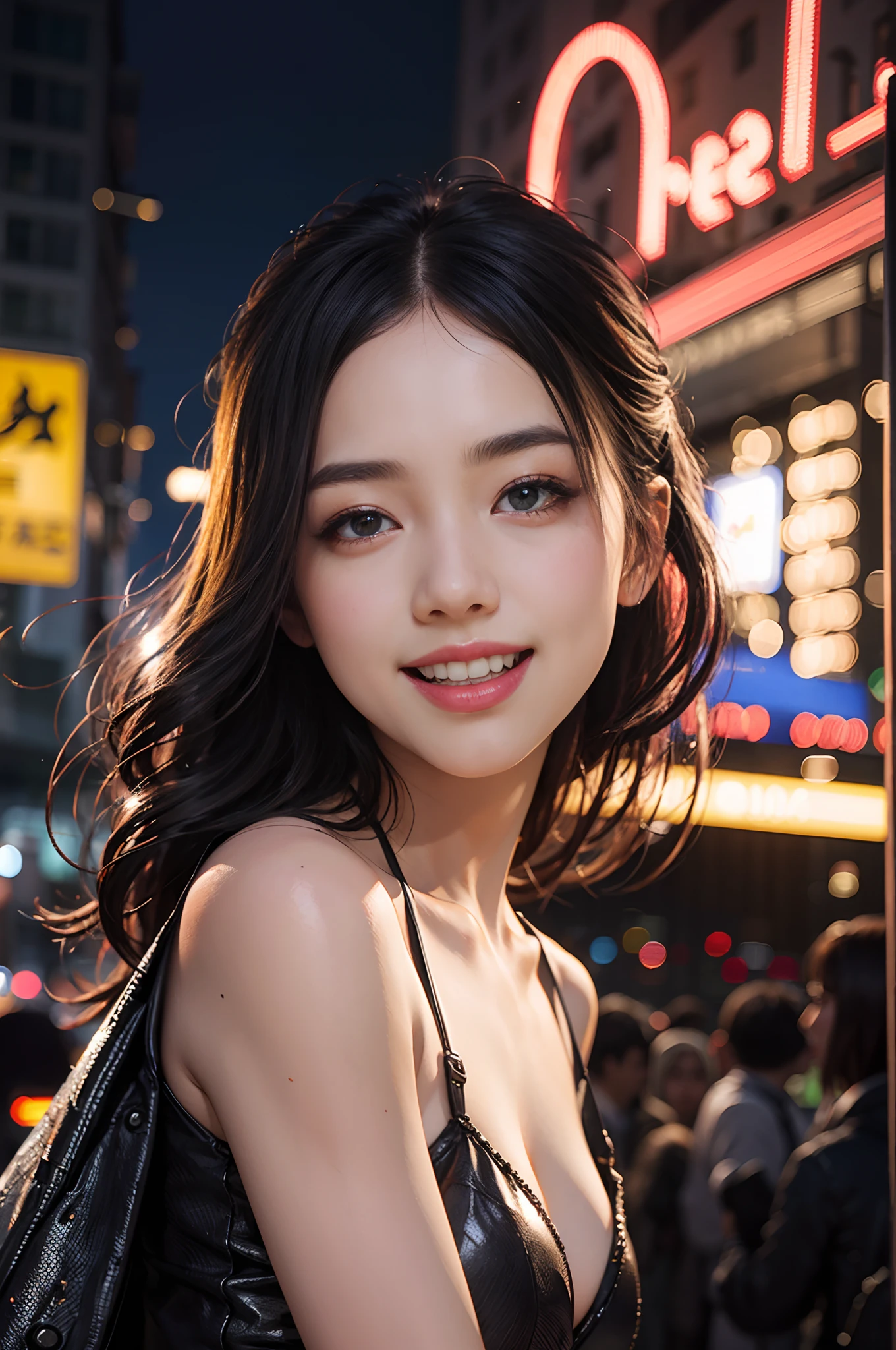 8k, top-quality, （pubic hair beauty）、hight resolution, realisticlying, realperson,　Red Light District at Night、There are many signboards、The light on the sign is dazzling、Dancing in different poses on stage、The best smile、Fun and smiling、One young and beautiful girl、Reveal madness、I'm having sex and screaming and feeling、high-heels