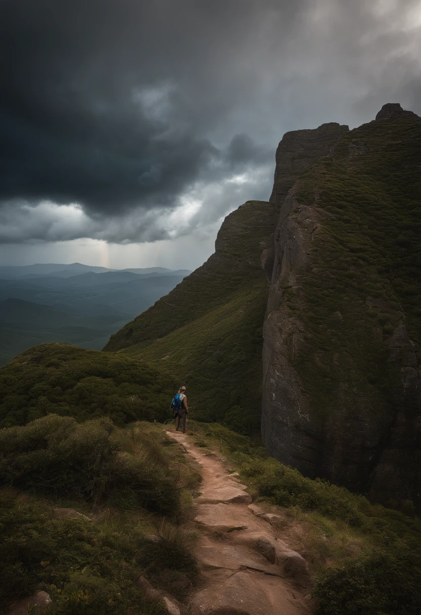 Man with sword in hand, olhando para cima longo caminho a para uma montanha, There is at the top of the Montain, (melhor qualidade, 8k, 12), O corpo perfeito, in the sky with a cloud of storm and lightning.