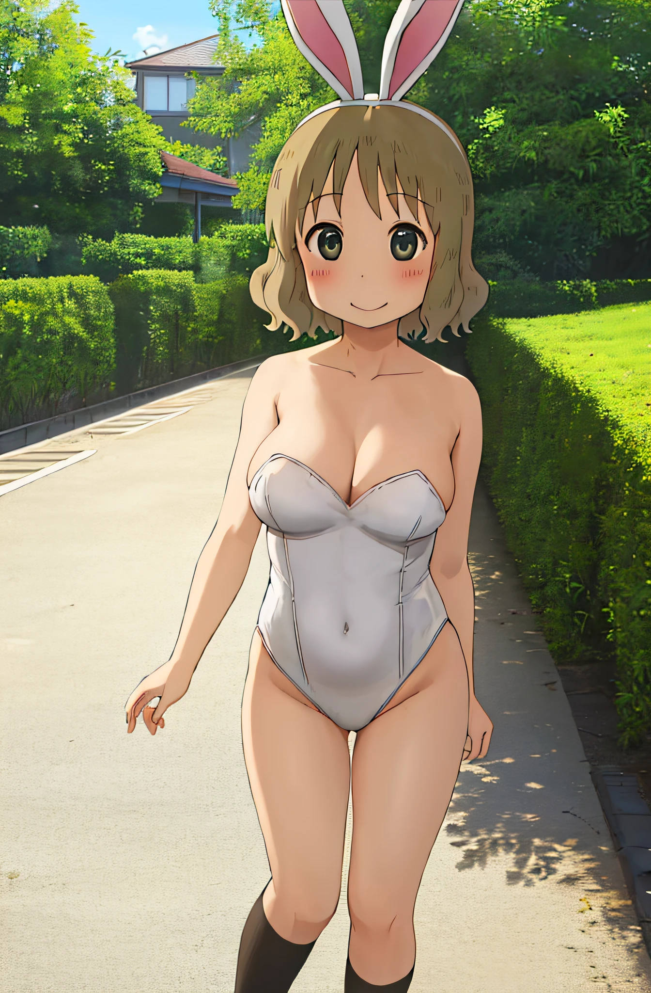 masterpiece, ncjstyle, solo, sakurai izumi, adult female, 1girl, naked, embarrased, blushing, black bunny suit, bunny hair bow, bunny hair ribbon, bunny girl, black high socks, big breasts, c cup, brown eyes, brown hair, looking at viewer,, short hair, smiling, solo,, utility poles, bushes, buildings, background, upper body, close up shot,,