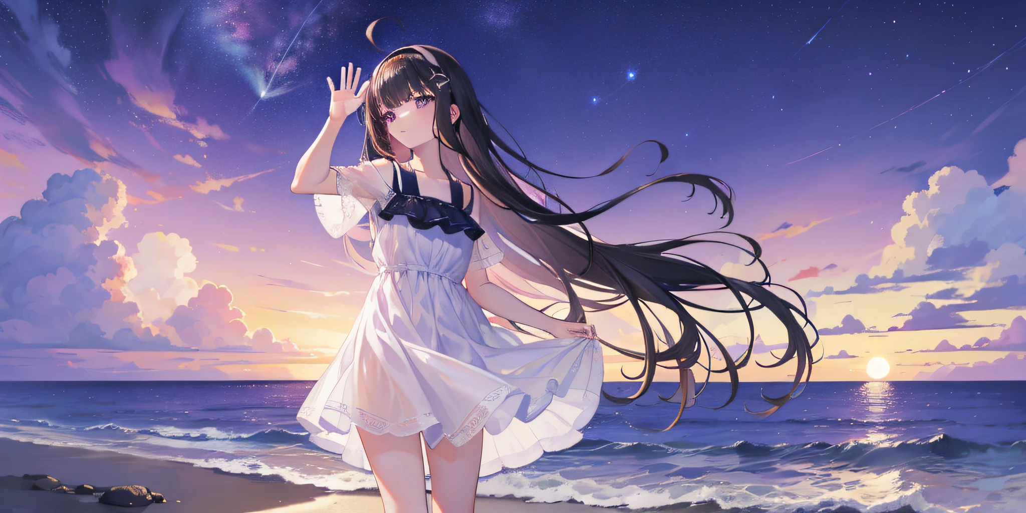 masterpiece, best quality, in summer, night, stars, sea, on the ocean, beautiful purple sunset at beach , girl, solo, long hair, black hair, ahoge, bangs, blunt bangs, long bangs,three hairclip,one pink hairband, smug, brown eyes, summer_dress, whitedress, bare legs, waving,