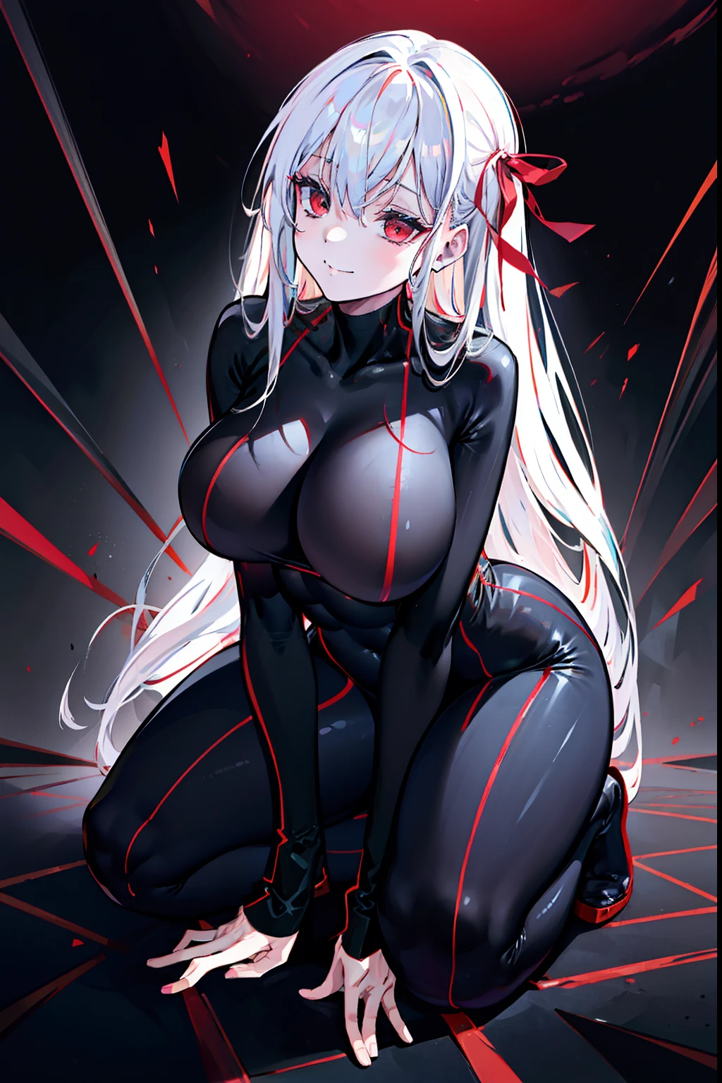 Black full body suit huge tit Big ass seductiv a smile Obscene lines Whip thighs Red lines all over the body Rub your chest with both arms crouching down