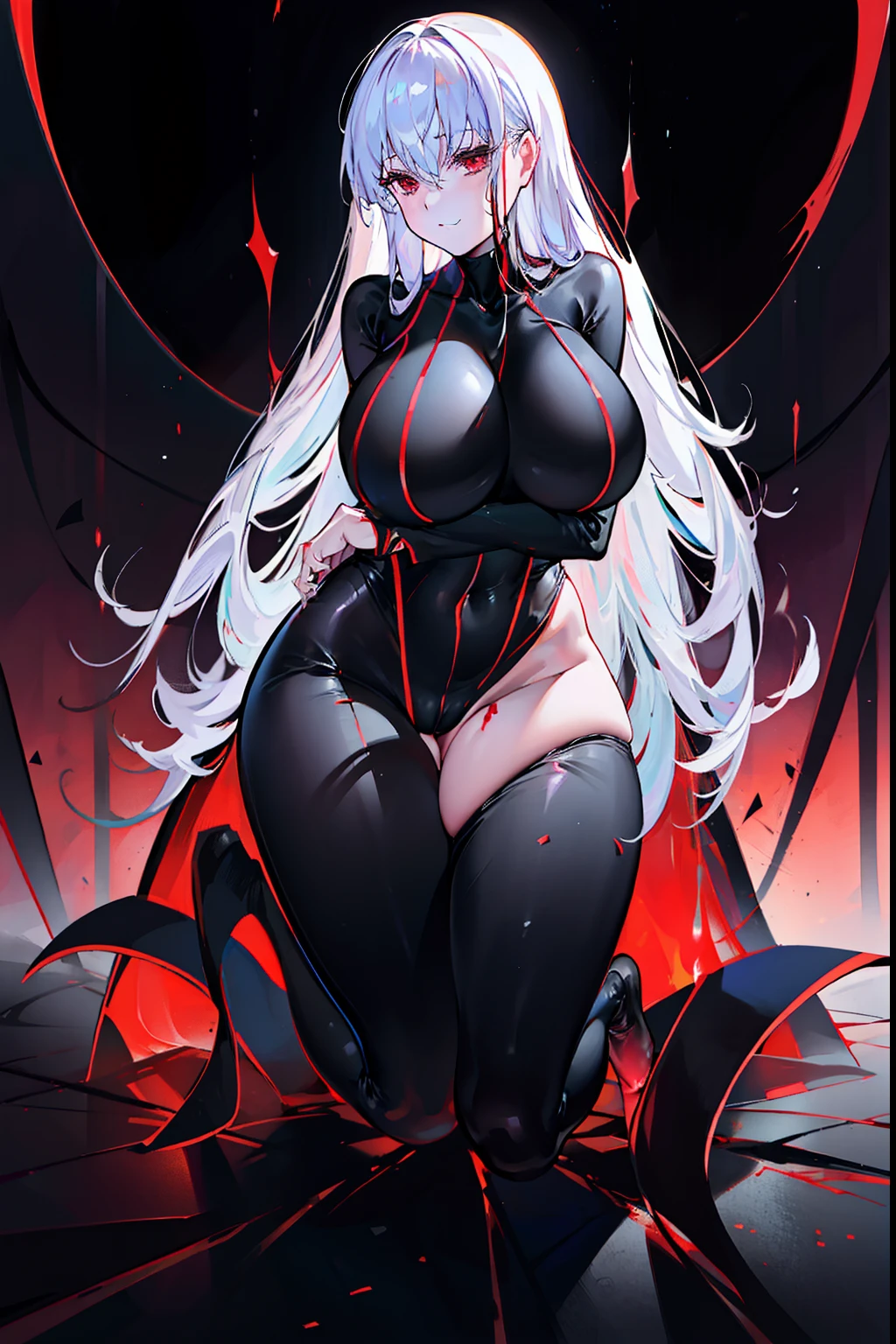 Black full body suit　huge tit　Big ass　seductiv　a smile　Obscene lines　Whip thighs　Red lines all over the body　Rub your chest with both arms　sleep
