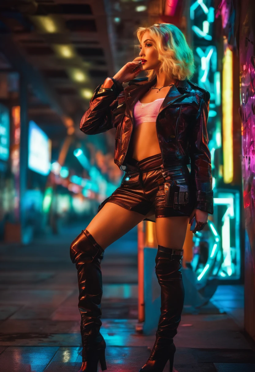 blond hooker on the street with a smirk wearing stockings