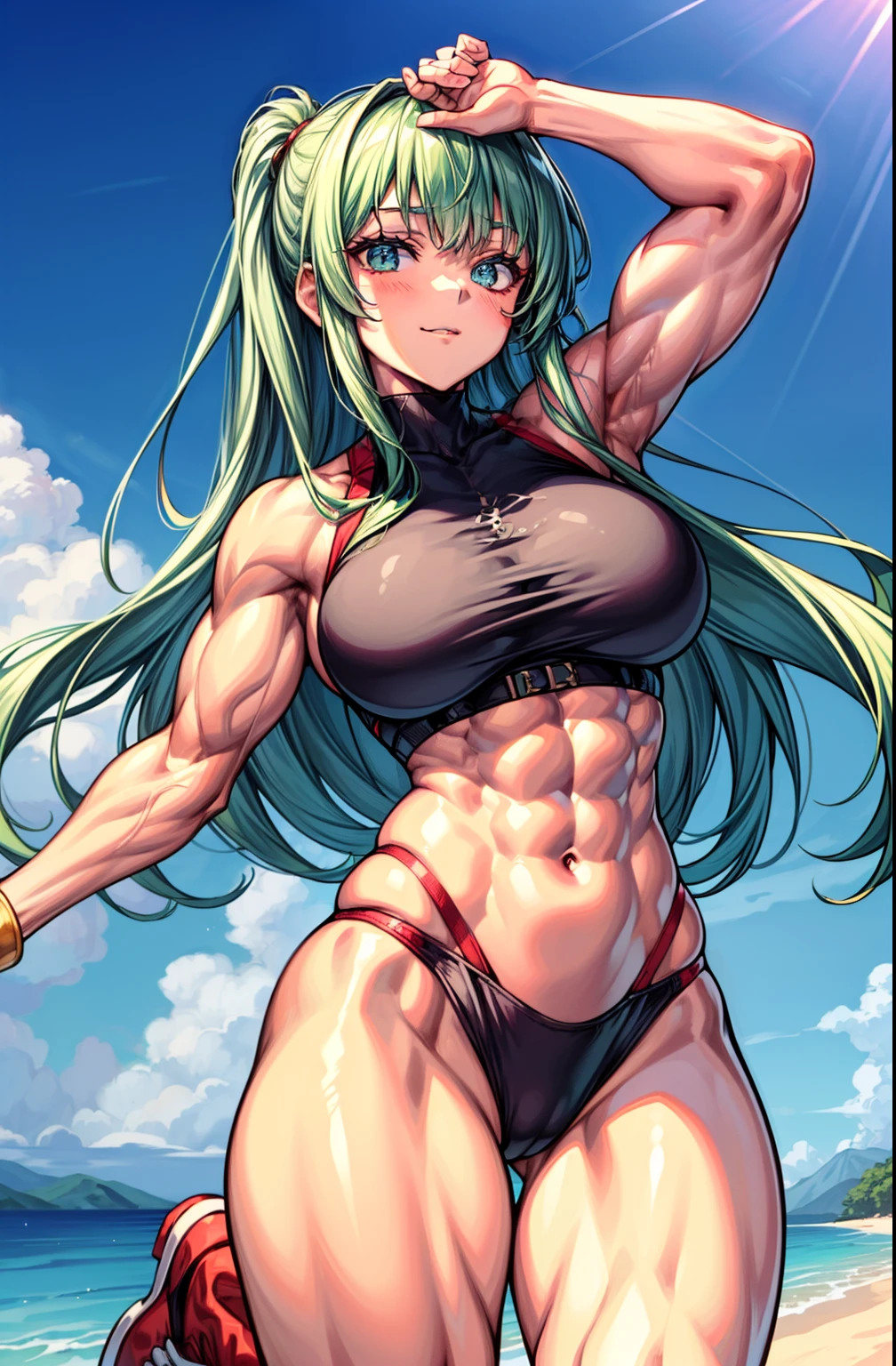 (BEST lighting) , (ultra intricately detailed) , 4K unification, (super-detailed CG: 1.2) , (8K: 1.2),(Original), (Masterpiece) , (Best quality),(Masterpiece:1.4),Anime-ish high quality,(Masterpiece),Masterpiece, Super clear picture quality,Clearer than movies,(Fine face)Best quality, absurderes,((masterpeace, 4K, 8K, Yes, A high resolution))1girll, schoolgirls,She was on the beach,ssmile,Ten strong abs,standing on your feet,Exposing the abdomen, Red swimsuit crop top bra,There are bulges of dense veins on the arms,Spring, Boots, Perfect figure, Long green hair, Dynamic pose,Legs exposed,Strong leg muscles ((body builder:1.5)),Kasuga Beach,(Beautiful bace),(Girl),(Female),(((Upper body:1)))