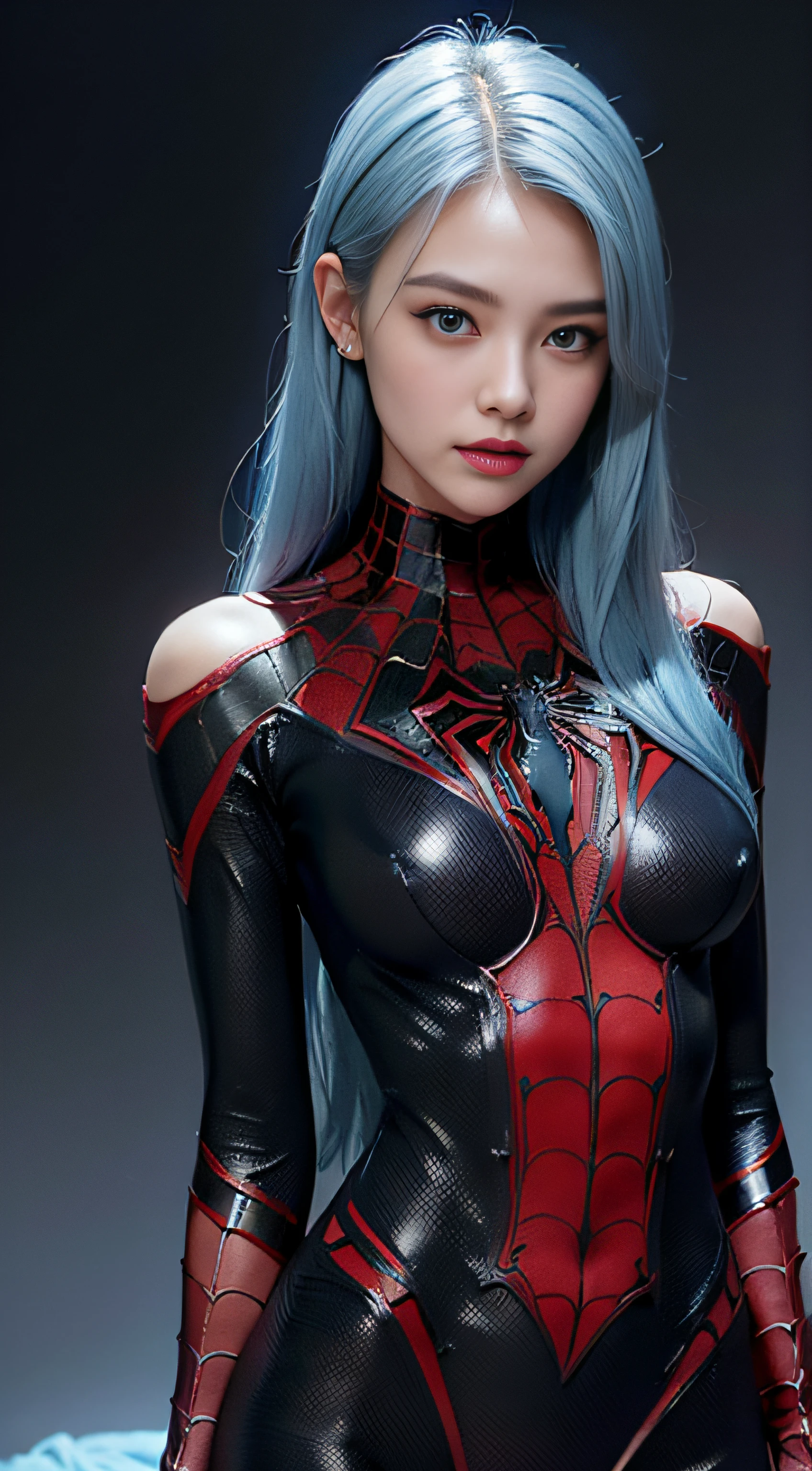 8K, Top Quality, Intricate Details, Ultra Detail, Ultra High Resolution, Masterpiece, random angle, Slender, Smile, (Makeup: 0.4), (Fluffy Blue Eyes: 1.21), blue Eyes, looking at viewer, ((full body)), 1girl, solo, 1 girl, (( full body)), close up shot, feminine and sexy posture, ((tall)), (((fit body))), (((slim face))), sharp face, sharp eyes, (((sky blue hair, long hair, side bangs)) (detailed face), sharp face, small lips half open lips, pureerosfaceace_v1,
((full black spiderman suit, )), detailed face, detailed breast, detail ass, round ass, Beautiful girl with accentuated slender abs: 1.4, Six Pack Abs: 1.4, Bust Botox, Big, Perfect Body, detail leg, (Dark Night Background: 1.2)