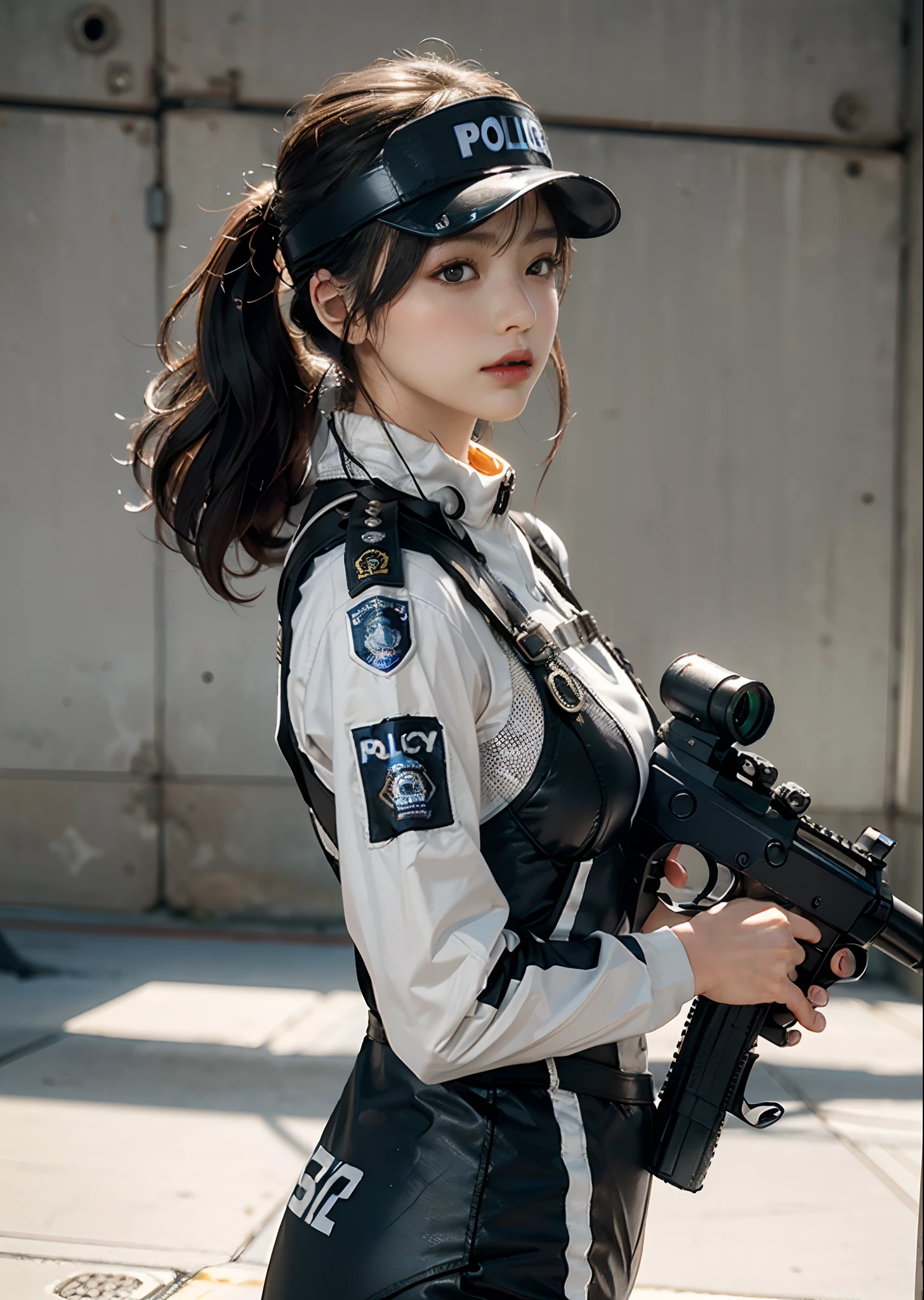 Highest image quality, outstanding details, ultra-high resolution, (realism: 1.4), (cowboy shot, from side view, looking at another), the best illustration, favor details, highly condensed 1girl, with a delicate and beautiful face, ((holding a gun at the ready)), (wearing racing suit likes police uniform, black and gray mecha, wearing a visor, military harness, grenades, holding a machinegun or bring a machinegun, "SST"), background simple grey wall,