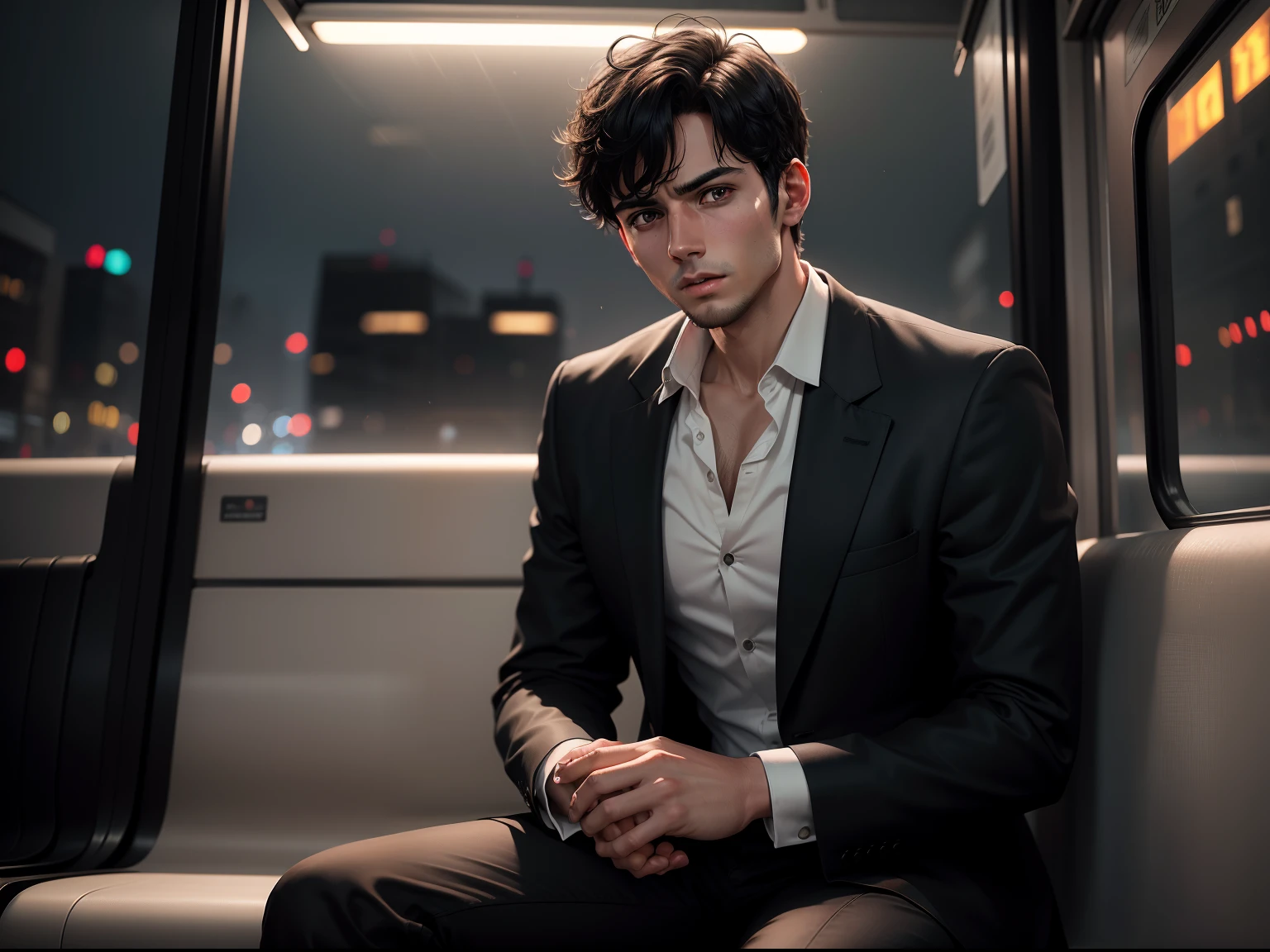 realistic 8k image of a 25 year old man, short black hair, wearing a black blazer with a white blouse underneath, expression of horror, kneeling on the floor of a bus, with a steel pipe above his head, scenery nocturnal