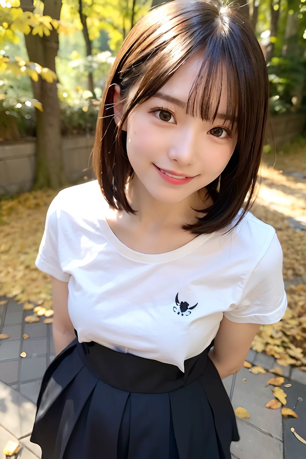 (top-quality、8K、32K、masuter piece、nffsw:1.2)、Cute Japan Girl、1人、bobhair、profile、(slim figure:1.2)、(s lips) 、(Black hair)、二重まぶた、shinny skin、Realistic rays、mare、beauitful face、(A smile:1.3)、crouching down、(From above:1.2)、(a closeup:1.4)、white t-shirts、Forest of autumn leaves、blurry backround、(Front Focus)、(Dark: 1.6)、Fantasy Art、photoRealstic、Professional Lighting、extra detailed face、Award-winning、deep-shadows、