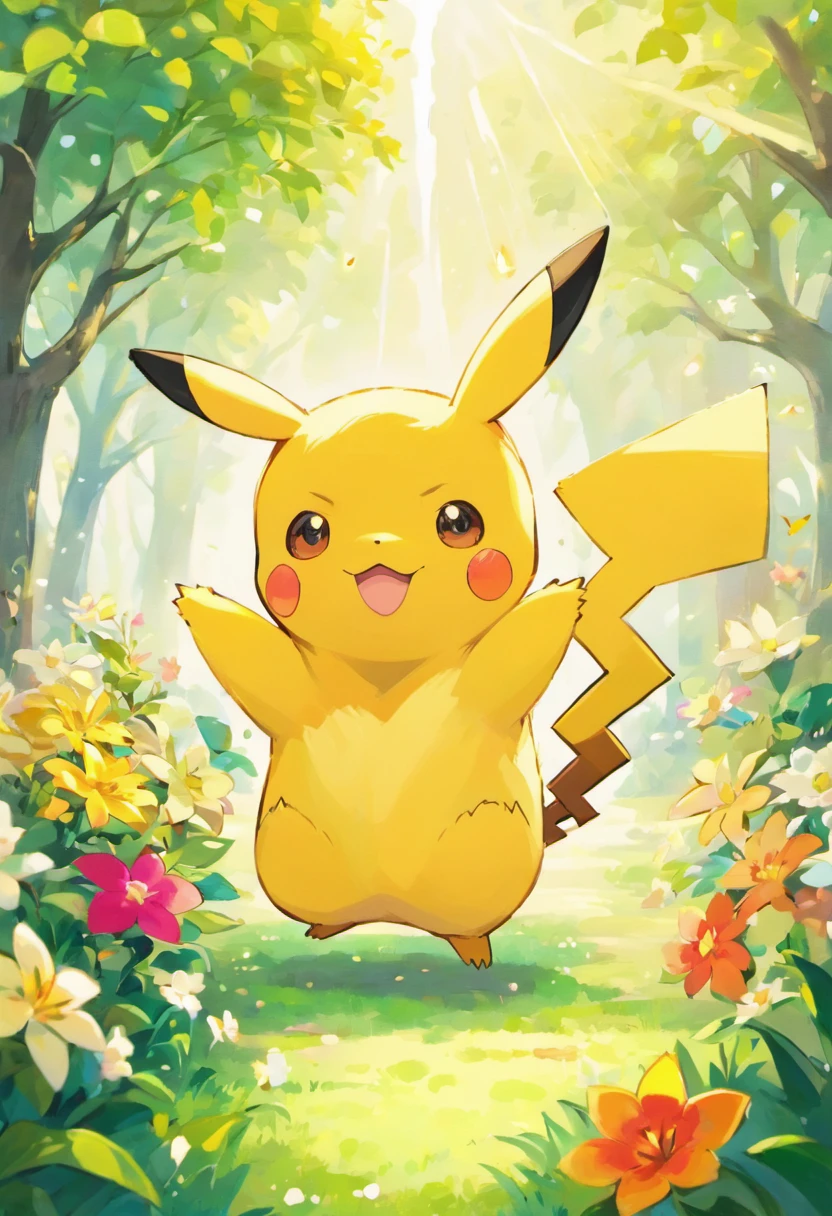 A Pikachu in a vibrant garden, surrounded by blooming flowers, lush green grass, and tall trees. The Pikachu has sparkly yellow fur, rosy cheeks, and big, playful eyes. It is full of energy, with its lightning-shaped tail standing upright. The garden is bathed in a warm, golden sunlight, casting soft shadows on the Pikachu and illuminating the colorful flowers. The Pikachu is wearing a red and white striped hat, which adds a touch of whimsy to its appearance. The overall scene is filled with joy and excitement, capturing the essence of Pikachu's lively nature. The artwork is created using a combination of digital illustration and vibrant watercolors, resulting in a vivid and eye-catching composition. The colors are bright and saturated, with a wide range of hues that make the artwork feel dynamic and lively. The lighting is soft and diffused, with gentle highlights and shadows that add depth and dimension to the scene. This prompt emphasizes the best quality, with ultra-detailed and photo-realistic characteristics, ensuring that the generated image is a masterpiece. The vibrant colors and fine details bring the artwork to life, creating a visually stunning and captivating piece.