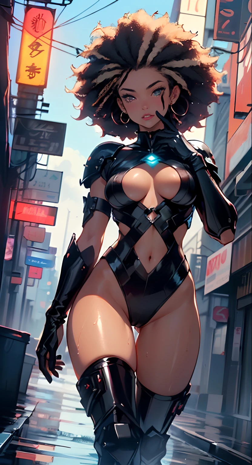 girl spacepunk,(((1girl))),((cute and beautiful afro haired girl)),((((black race)))),
(large breasts:1.4),saggy breasts,((((black afro hair:1.35,((afro hair:1.35)),afrohair,afro:1.35,dark hair,black hair,)))),medium hair,((heterochromia:1.5,eye1 orange:1.5,eye2 red:1.5,intricate eyes,beautiful detailed eyes,neon color eyes:1.5,glowing eyes,symmetrical eyes)),((fat)),((((tan,dark skin,black skin:1.35,dark-skinned_female,dark skin:1.3,ebony skin,lustrous skin:1.5,bright skin: 1.5,shiny skin,very shiny skin,shiny body,illuminated skin,wet legs)))),(spider lower abdomen,narrow waist,wide hip,athletic body,inflated legs,delicate detailed fingers),((hand consists of a short thumb and four fingers,hand with just five fingers,(detailed face))),
cute,slutty,sensual,seductive look,seductive,erotic,enchanting,((nsfw)),
zettai ryouiki,revealing clothing,show skin,(wearing a mechanical space body armor:1.3,micro bikini,bare legs,an armored arm),((wet clothes, intricate outfit,intricate clothes)),
(dynamic pose:1.0),solo focus,embarrassed,(centered,scale to fit dimensions,Rule of thirds),
cyberpunk city by the ocean at night, with bright neon signs and dark stormy clouds and puddles,
highres, sharp focus, (ultra detailed, extremely detailed), (photorealistic artwork:1.37),(extremely detailed CG unity 8k wallpaper),((synthwave background theme)),(((vibrant colors,))),(intricate),(masterpiece),(best quality),synthwave neon colors,