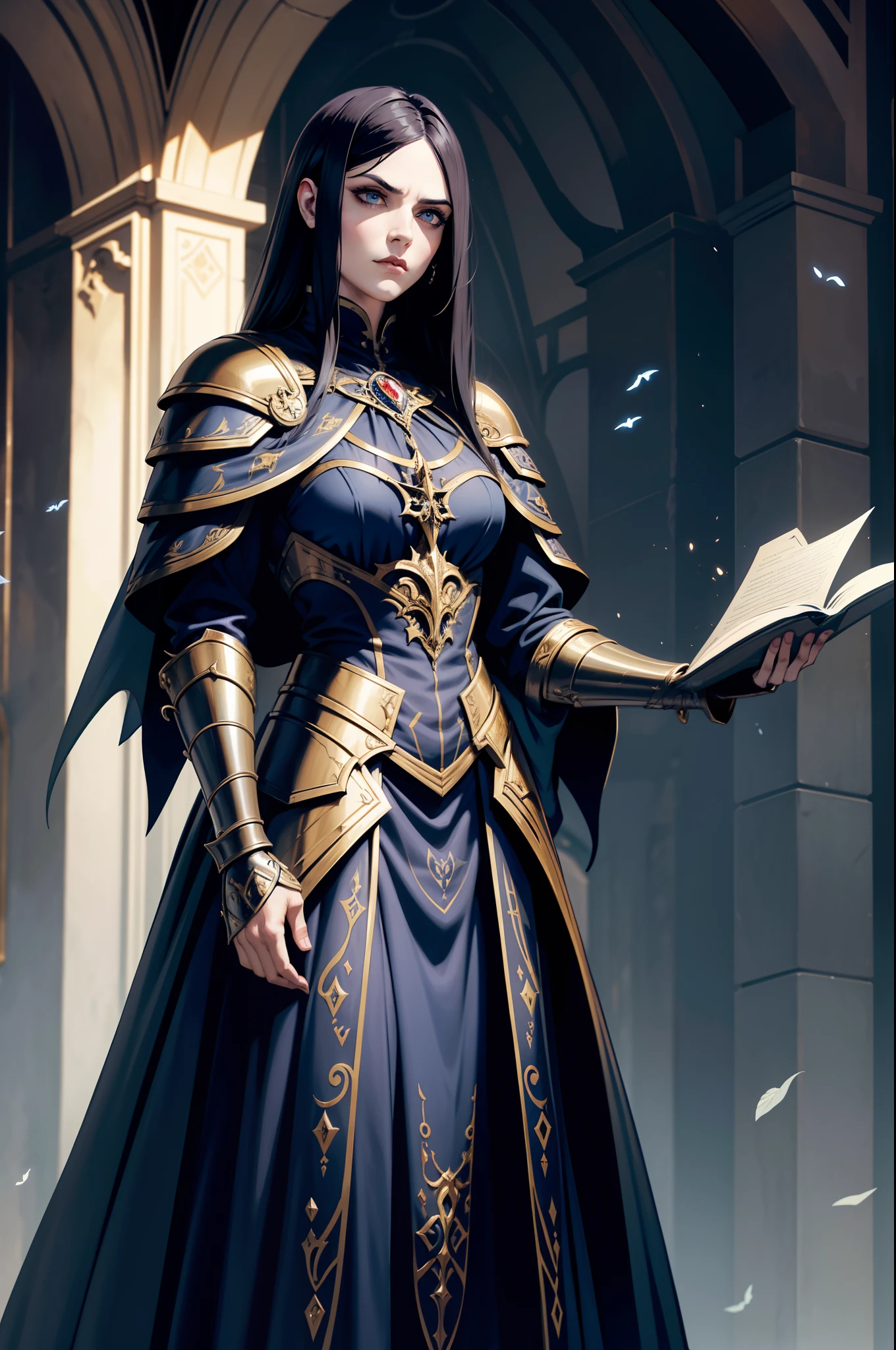 An adult vampire wizard character wearing a very detailed and beautiful gothic armor. Seu cabelo com corte curto, cabelo dourado. eyes in blue color, manto, capuz, caminhando, biblioteca, fluttering clothes, raised stone with an imposing position, arms crossed and a serious facial expression.