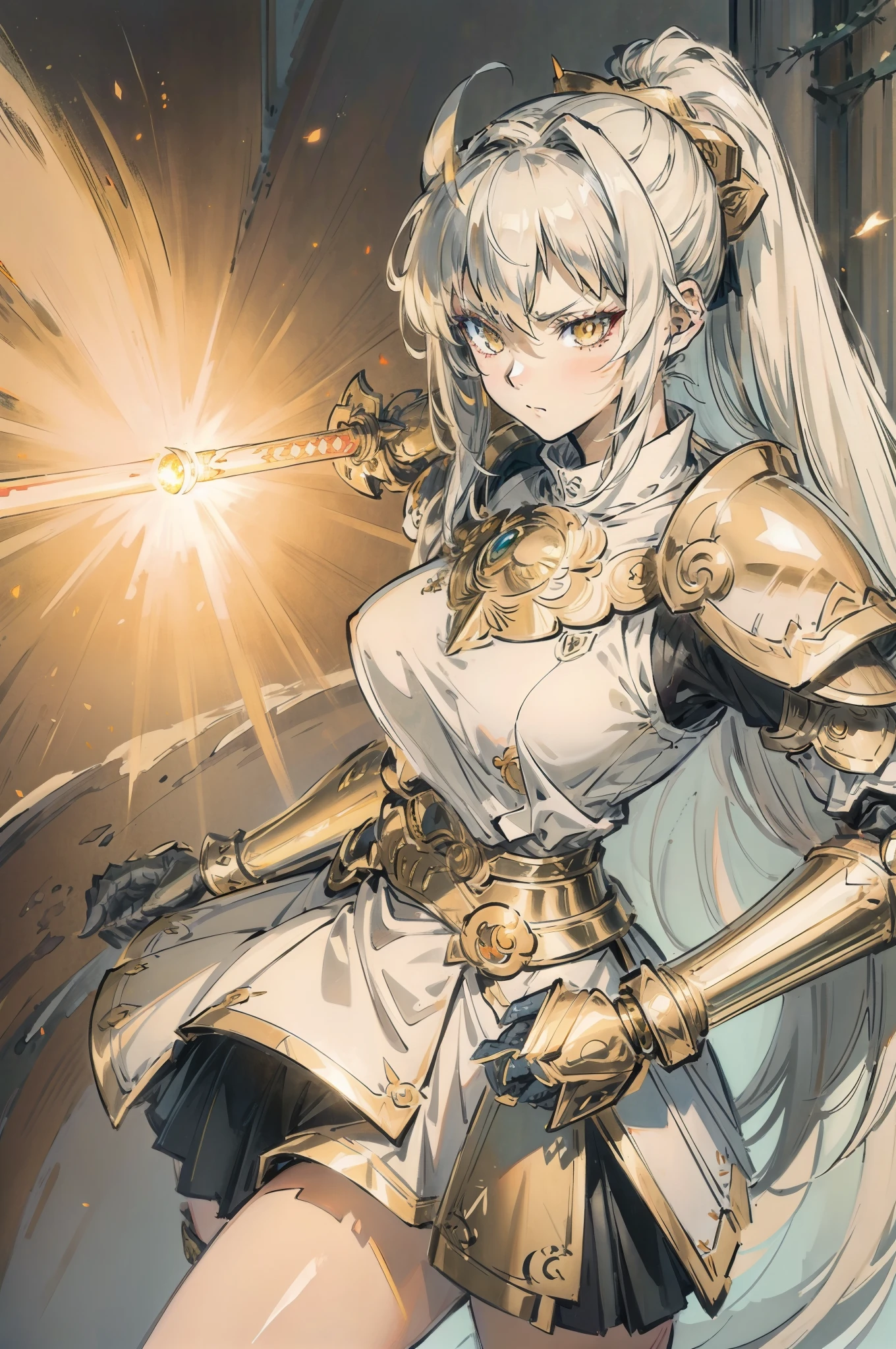 Tall girl, white hair, golden eyes, using saber, light armor, no skirt, 8k, high quality, aloof, cold eyes, emotionless, no emotion, dragon aura, wielding katana, beautiful girl, dragonic aura, serious small eyes, cute, long hair, beabeautiful, hot, mature, big boobs, ite