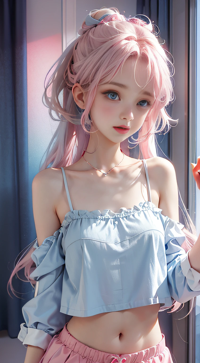 Light blue and pink color scheme,Sexy Girl ,tiny body,Petite,white curly hair, Camisole in colorful colors