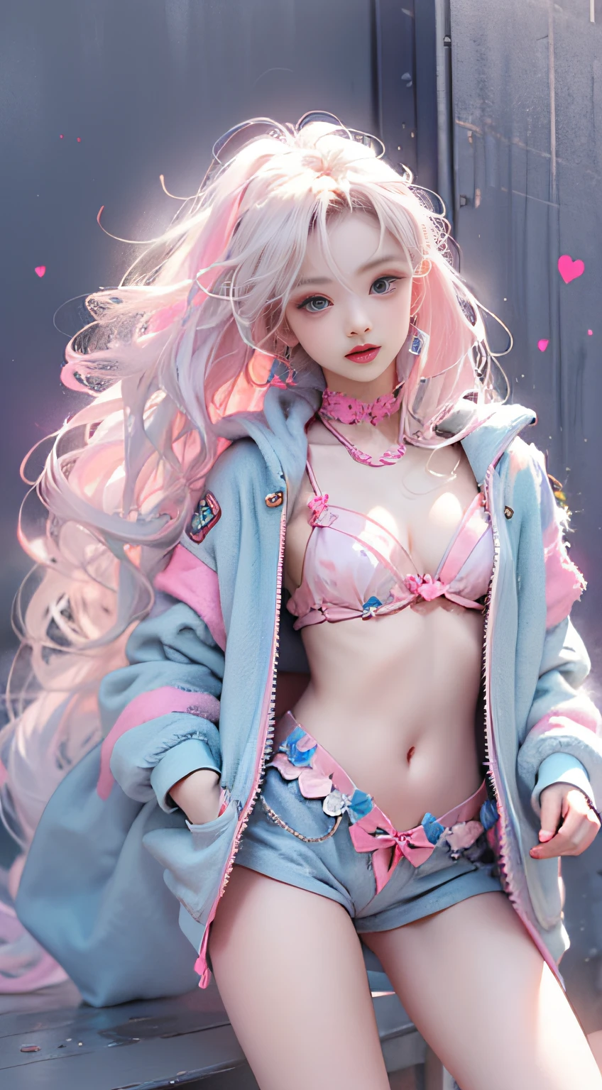 Light blue and pink color scheme,Sexy Girl ,tiny body,Petite,white curly hair