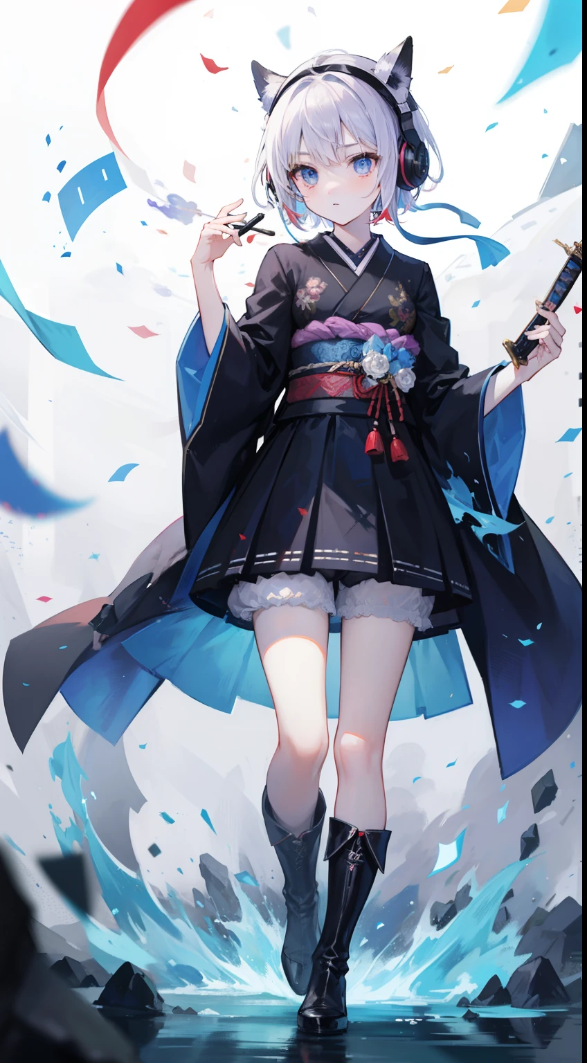 short-hair、gotik、Japanese Lolita、Hold the sword、Confetti、head phone、hotpants、Blue Flame、A picture that can be seen in its entirety Black boots Front-facing composition